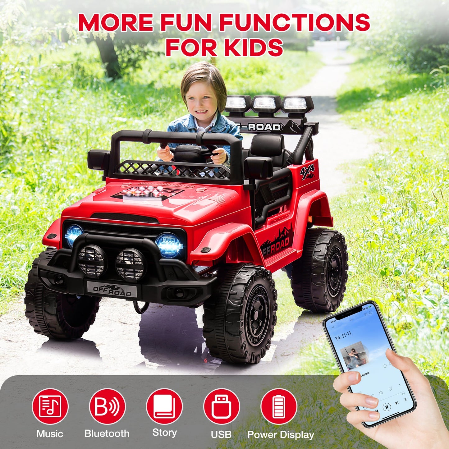 Garvee Ride - P Series: 12V Electric Ride on Truck Car For Kids Age 3+, Remote Control, Twin 25W Motors 3.1MPH Max Speed, Bluetooth USB Music Player, 4 Wheels Suspension LED Lights Safety Belt, Gift for Boy & Girl - Red