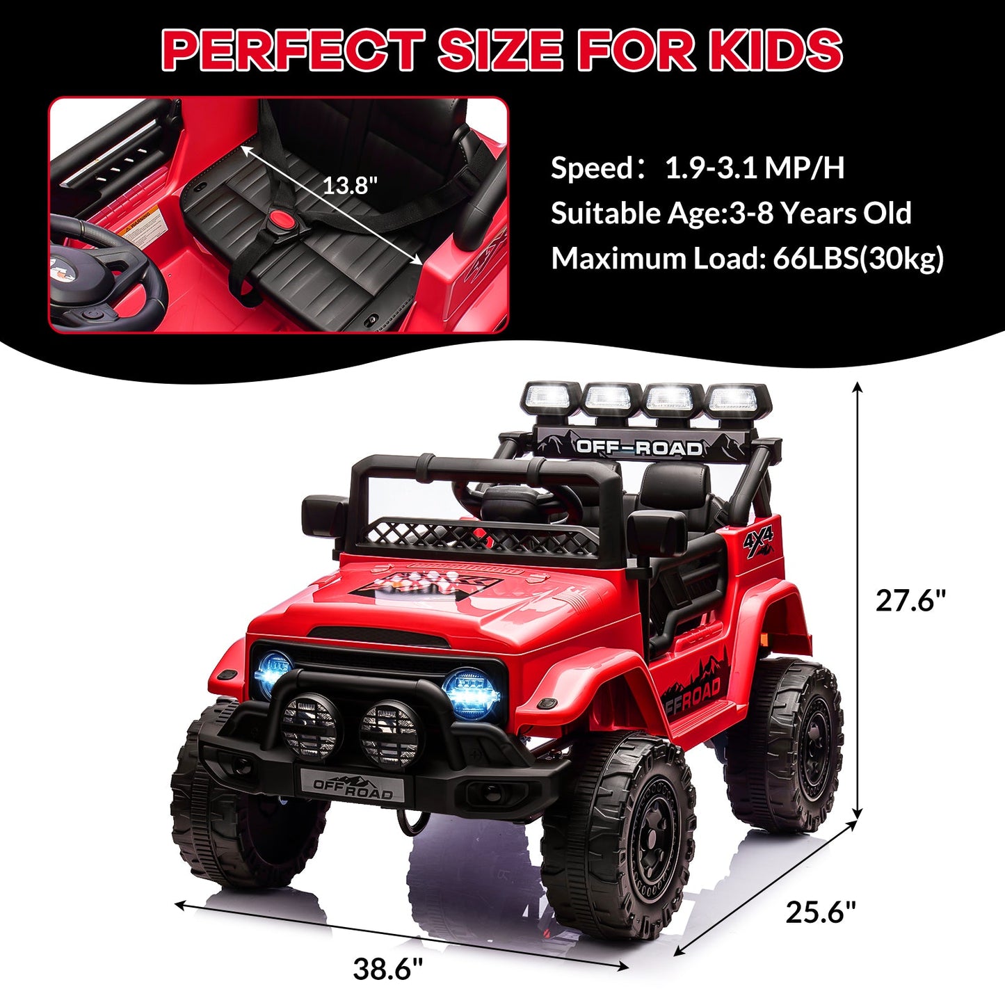 Garvee Ride - P Series: 12V Electric Ride on Truck Car For Kids Age 3+, Remote Control, Twin 25W Motors 3.1MPH Max Speed, Bluetooth USB Music Player, 4 Wheels Suspension LED Lights Safety Belt, Gift for Boy & Girl - Red