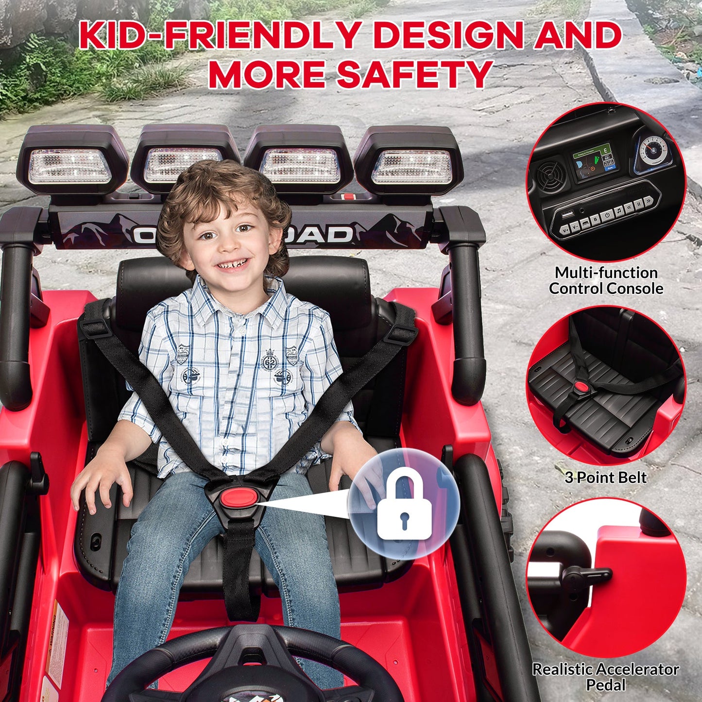 Garvee Ride - P Series: 12V Electric Ride on Truck Car For Kids Age 3+, Remote Control, Twin 25W Motors 3.1MPH Max Speed, Bluetooth USB Music Player, 4 Wheels Suspension LED Lights Safety Belt, Gift for Boy & Girl - Red