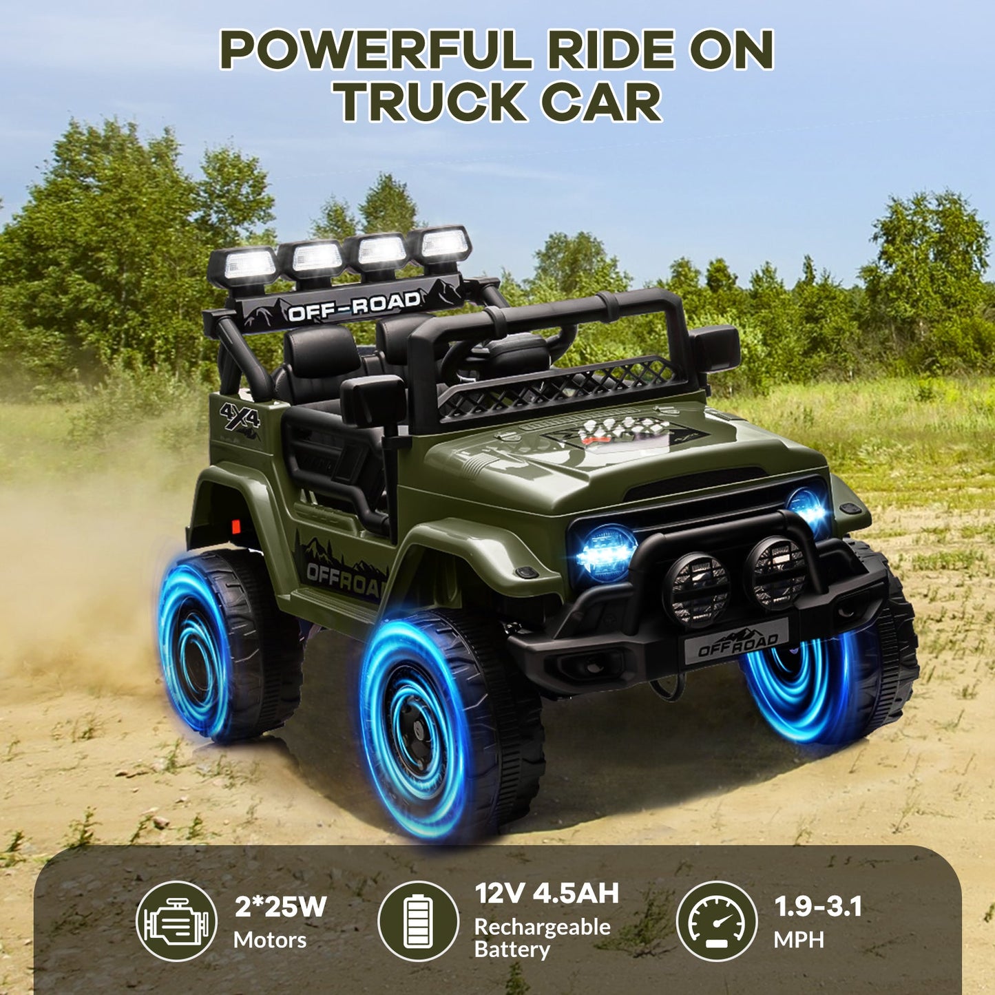 Garvee Ride - P Series: 12V Electric Ride on Truck Car For Kids Age 3+, Remote Control, Twin 25W Motors 3.1MPH Max Speed, Bluetooth USB Music Player, 4 Wheels Suspension LED Lights Safety Belt, Gift for Boy & Girl - Green