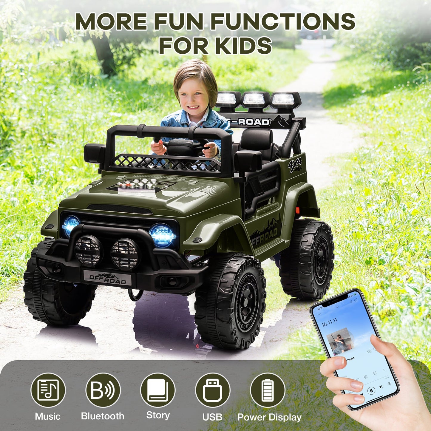 Garvee Ride - P Series: 12V Electric Ride on Truck Car For Kids Age 3+, Remote Control, Twin 25W Motors 3.1MPH Max Speed, Bluetooth USB Music Player, 4 Wheels Suspension LED Lights Safety Belt, Gift for Boy & Girl - Green