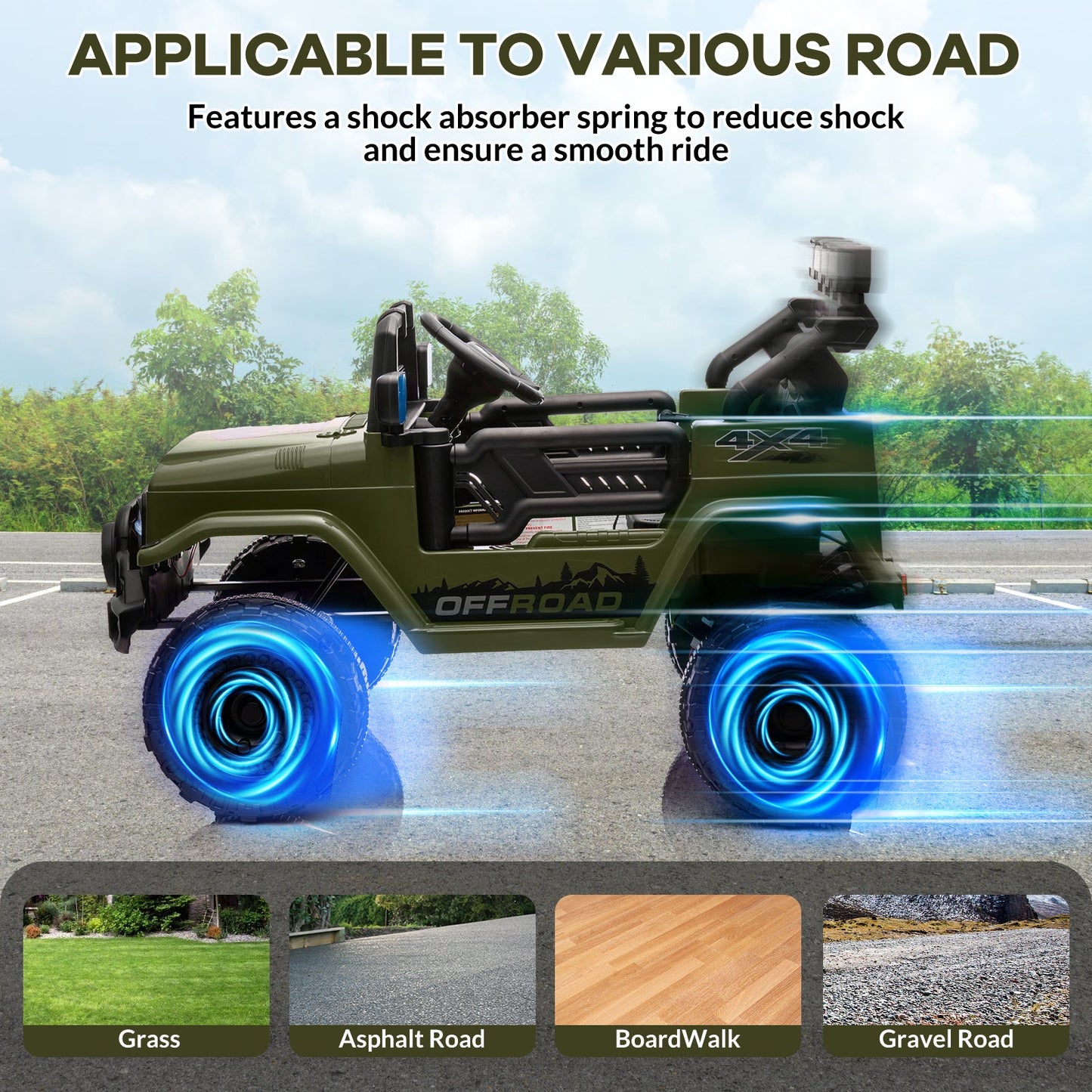 Garvee Ride - P Series: 12V Electric Ride on Truck Car For Kids Age 3+, Remote Control, Twin 25W Motors 3.1MPH Max Speed, Bluetooth USB Music Player, 4 Wheels Suspension LED Lights Safety Belt, Gift for Boy & Girl - Green