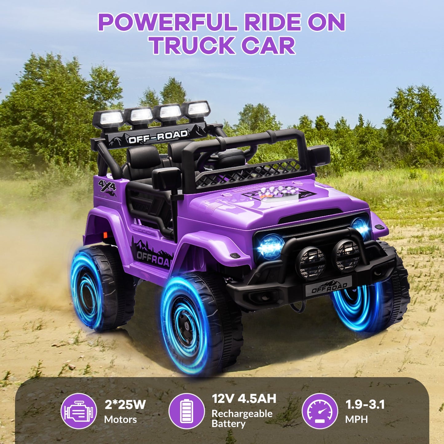 Garvee Ride - P Series: 12VElectric Ride on Truck Car For Kids Age 3+, Remote Control, Twin 25W Motors 3.1MPH Max Speed, Bluetooth USB Music Player, 4 Wheels Suspension LED Lights Safety Belt, Gift for Boy & Girl - Purple