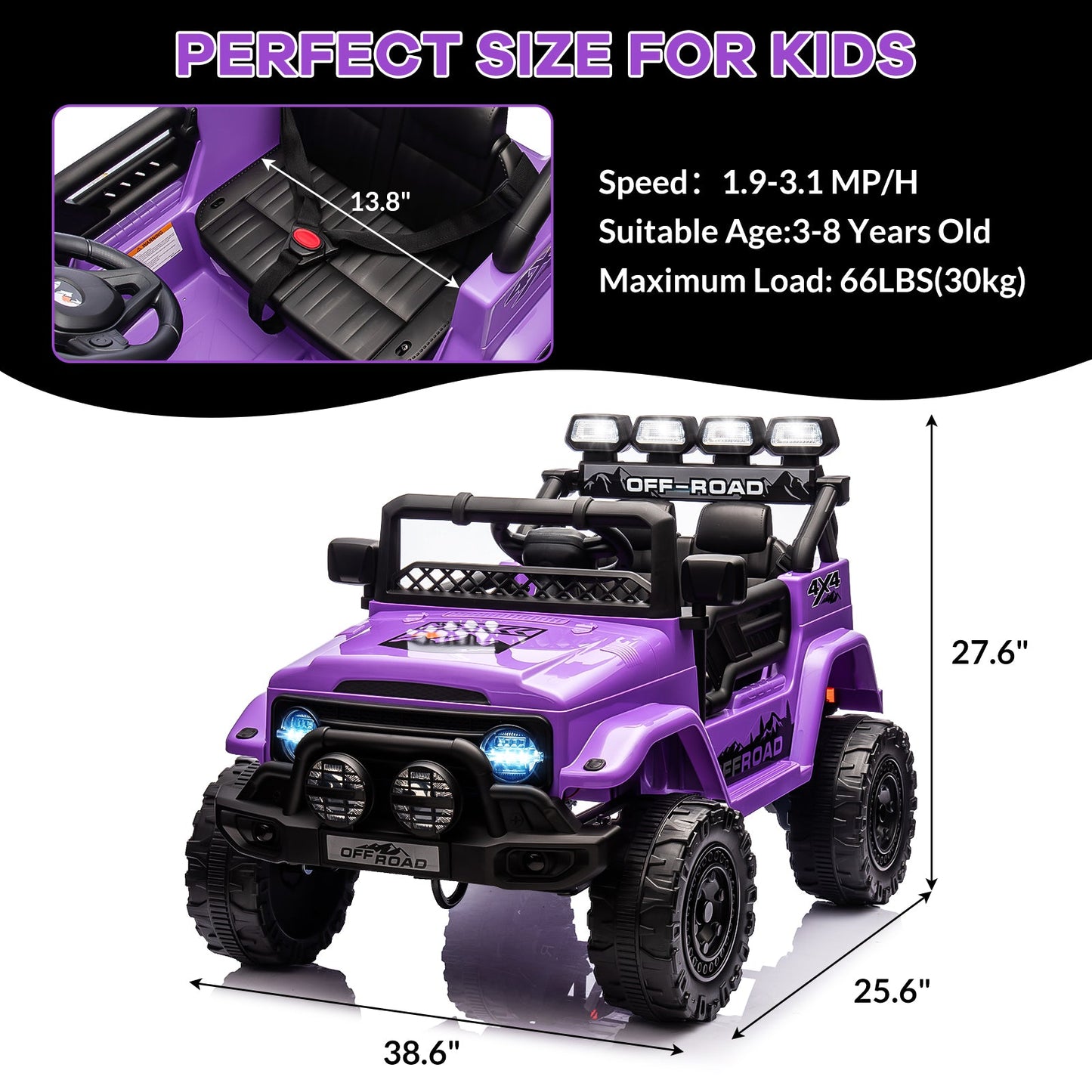 Garvee Ride - P Series: 12VElectric Ride on Truck Car For Kids Age 3+, Remote Control, Twin 25W Motors 3.1MPH Max Speed, Bluetooth USB Music Player, 4 Wheels Suspension LED Lights Safety Belt, Gift for Boy & Girl - Purple