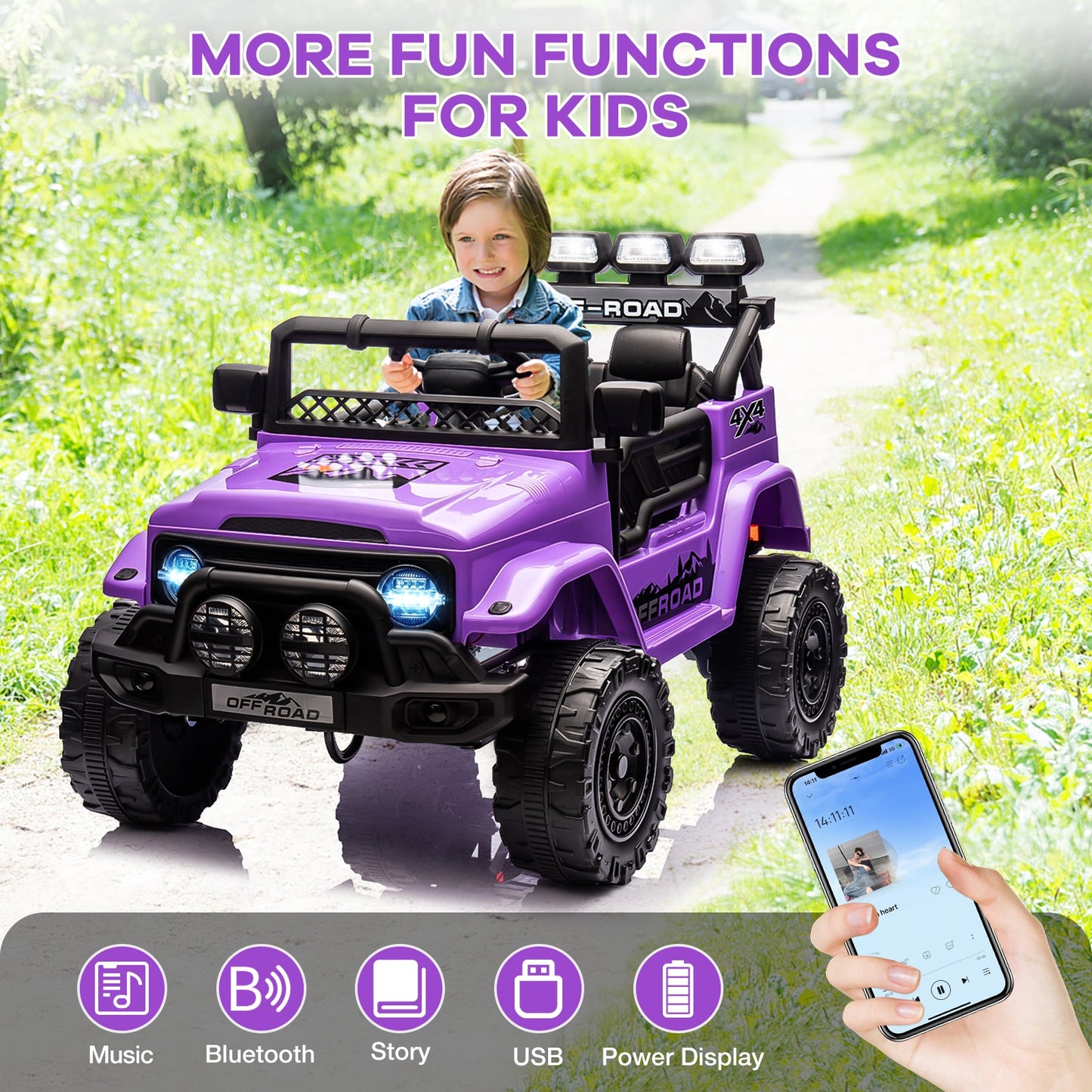 Garvee Ride - P Series: 12VElectric Ride on Truck Car For Kids Age 3+, Remote Control, Twin 25W Motors 3.1MPH Max Speed, Bluetooth USB Music Player, 4 Wheels Suspension LED Lights Safety Belt, Gift for Boy & Girl - Purple