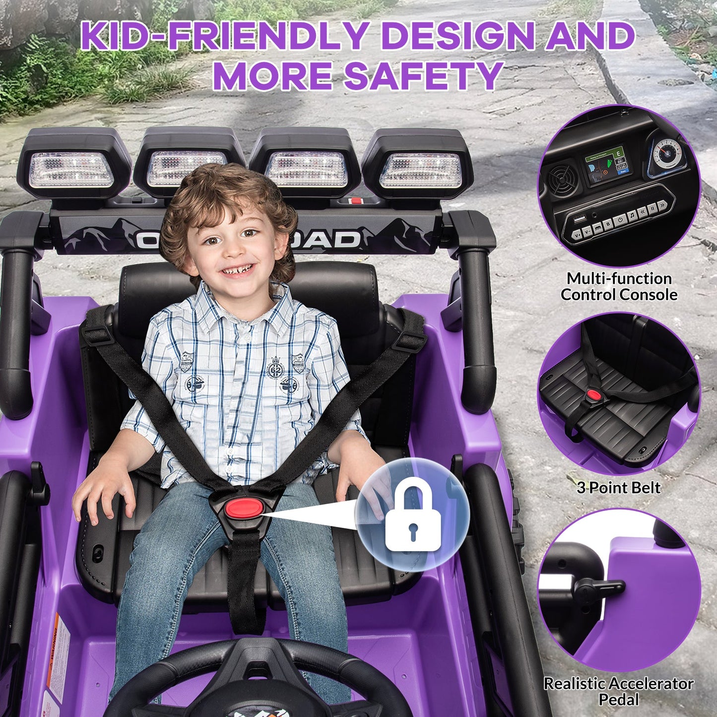 Garvee Ride - P Series: 12VElectric Ride on Truck Car For Kids Age 3+, Remote Control, Twin 25W Motors 3.1MPH Max Speed, Bluetooth USB Music Player, 4 Wheels Suspension LED Lights Safety Belt, Gift for Boy & Girl - Purple