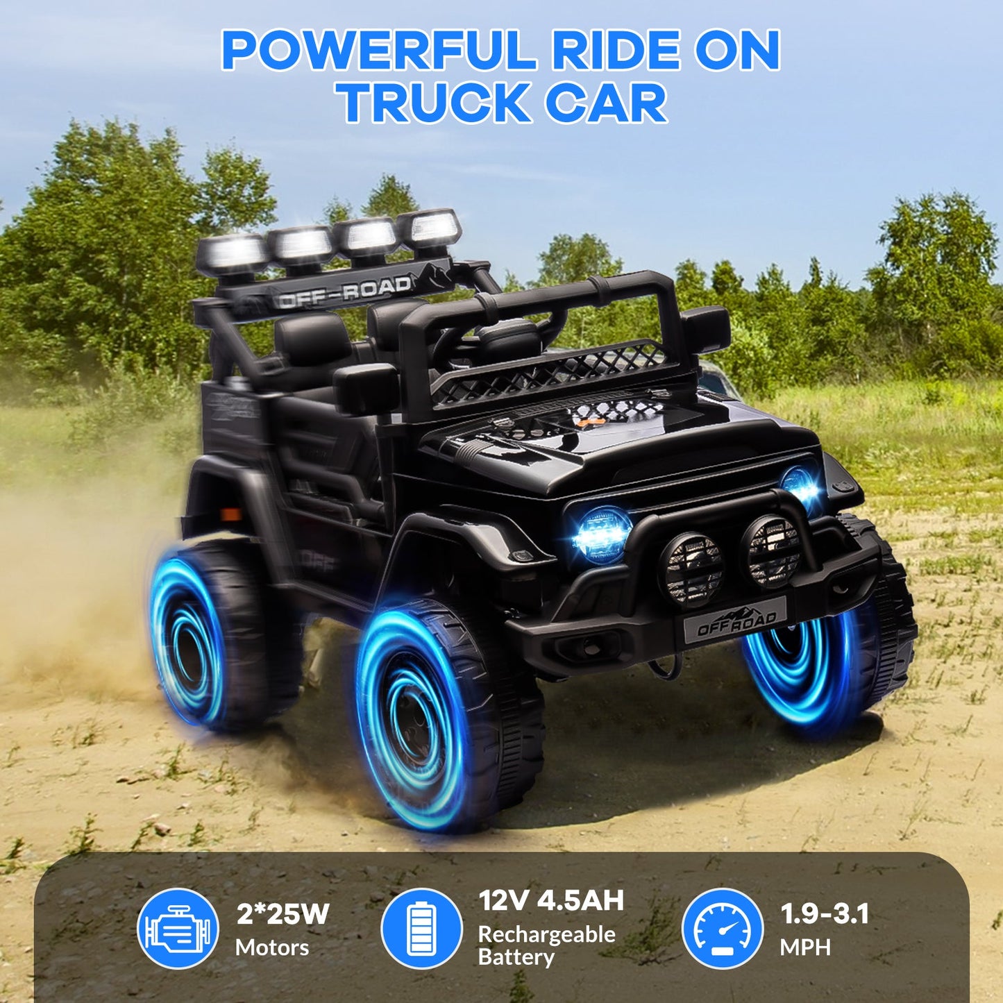 Garvee Ride - P Series: 12VElectric Ride on Truck Car For Kids Age 3+, Remote Control, Twin 25W Motors 3.1MPH Max Speed, Bluetooth USB Music Player, 4 Wheels Suspension LED Lights Safety Belt, Gift for Boy & Girl -Black