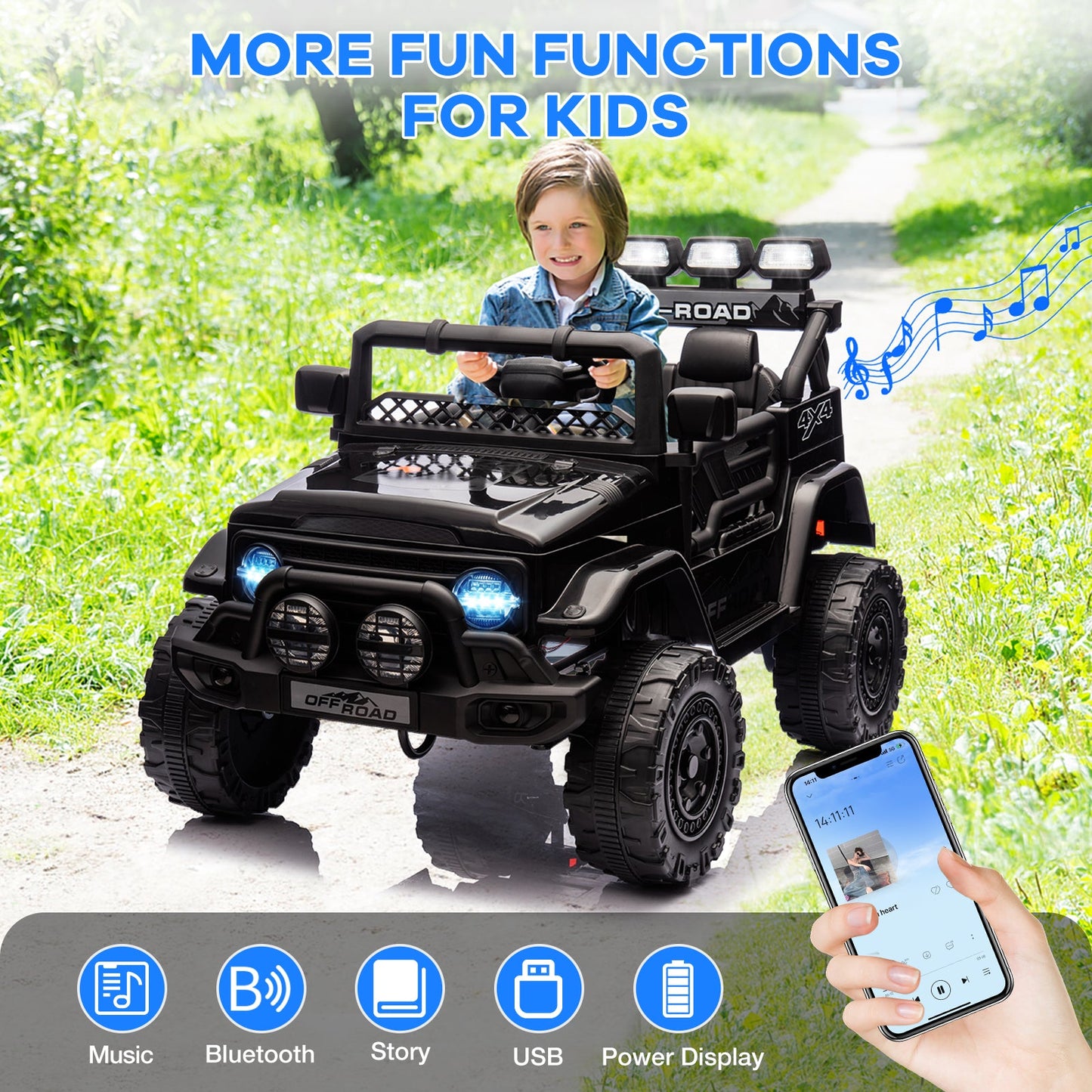 Garvee Ride - P Series: 12VElectric Ride on Truck Car For Kids Age 3+, Remote Control, Twin 25W Motors 3.1MPH Max Speed, Bluetooth USB Music Player, 4 Wheels Suspension LED Lights Safety Belt, Gift for Boy & Girl -Black
