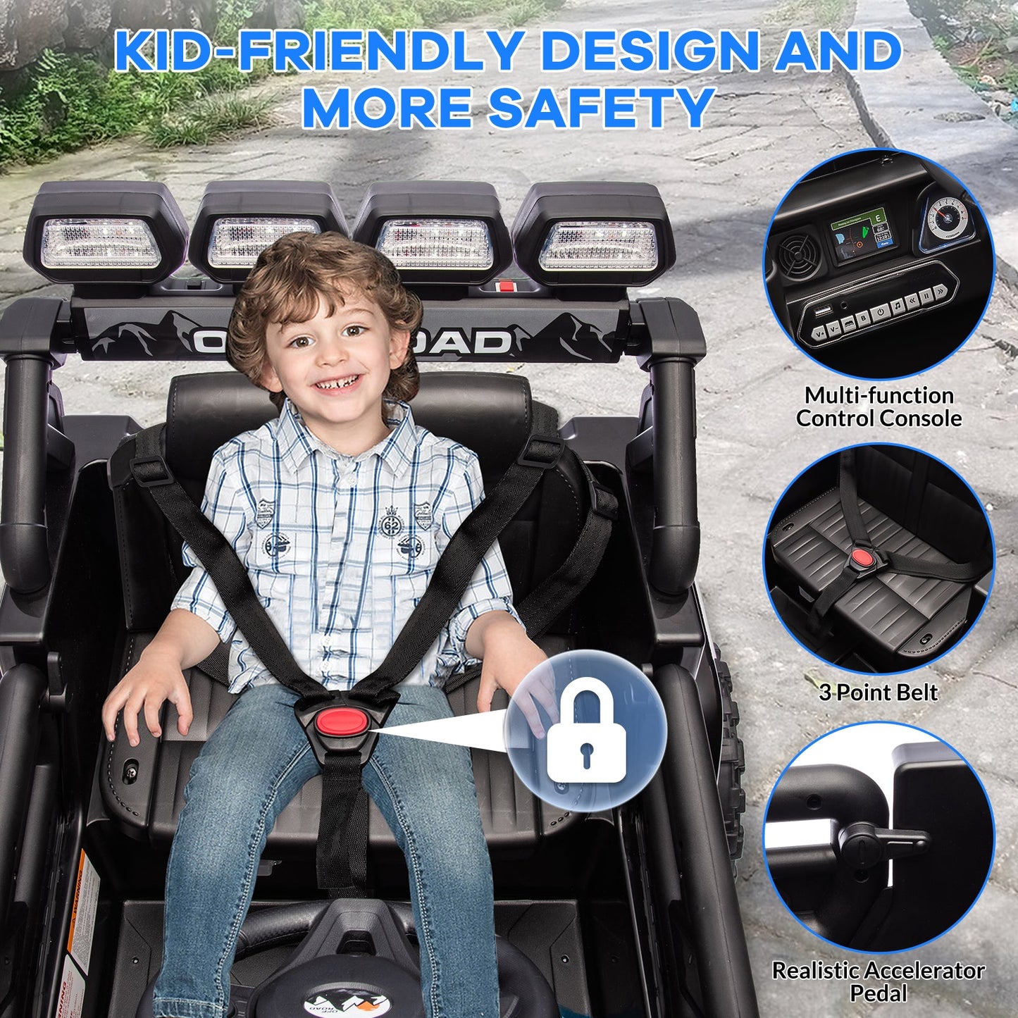 Garvee Ride - P Series: 12VElectric Ride on Truck Car For Kids Age 3+, Remote Control, Twin 25W Motors 3.1MPH Max Speed, Bluetooth USB Music Player, 4 Wheels Suspension LED Lights Safety Belt, Gift for Boy & Girl -Black