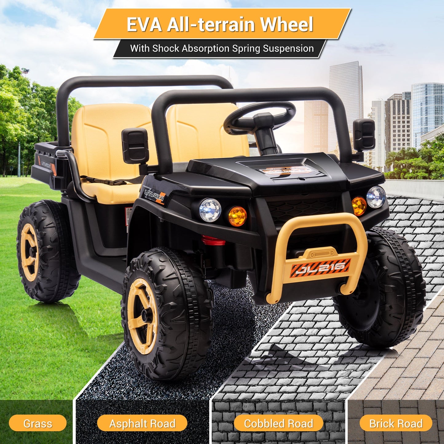 Garvee Ride - P Series: 24v Ride On Dump Truck, 2 Seater Electric Ride On Car Toy for Kids, Battery Powered UTV with 4x35W Motors, Shovel, Bluetooth, Remote Control, Music, LED Lights for Boys & Girls, Black