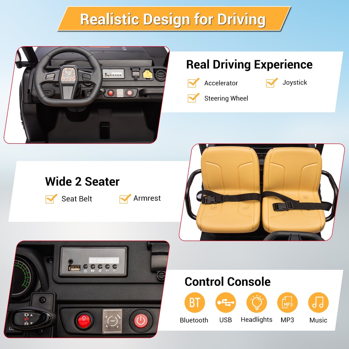 Garvee Ride - P Series: 24v Ride On Dump Truck, 2 Seater Electric Ride On Car Toy for Kids, Battery Powered UTV with 4x35W Motors, Shovel, Bluetooth, Remote Control, Music, LED Lights for Boys & Girls, Black
