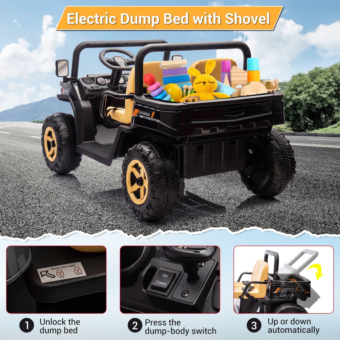 Garvee Ride - P Series: 24v Ride On Dump Truck, 2 Seater Electric Ride On Car Toy for Kids, Battery Powered UTV with 4x35W Motors, Shovel, Bluetooth, Remote Control, Music, LED Lights for Boys & Girls, Black