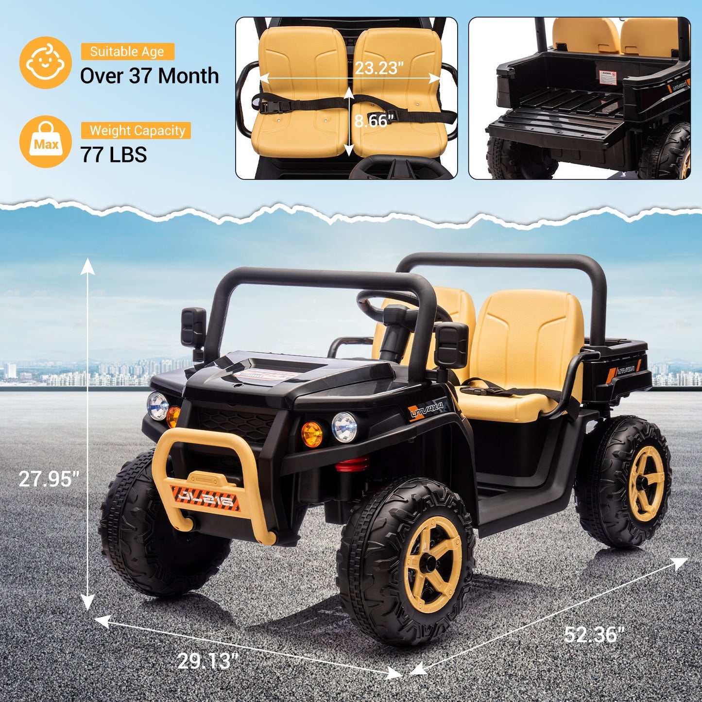 Garvee Ride - P Series: 24v Ride On Dump Truck, 2 Seater Electric Ride On Car Toy for Kids, Battery Powered UTV with 4x35W Motors, Shovel, Bluetooth, Remote Control, Music, LED Lights for Boys & Girls, Black