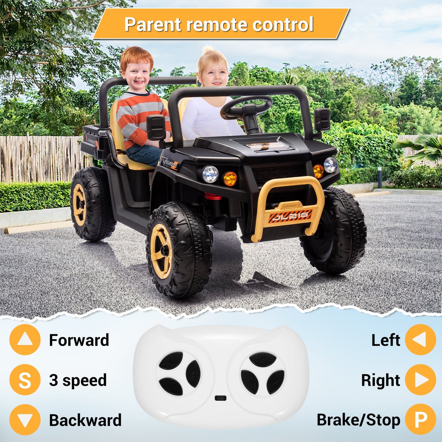 Garvee Ride - P Series: 24v Ride On Dump Truck, 2 Seater Electric Ride On Car Toy for Kids, Battery Powered UTV with 4x35W Motors, Shovel, Bluetooth, Remote Control, Music, LED Lights for Boys & Girls, Black