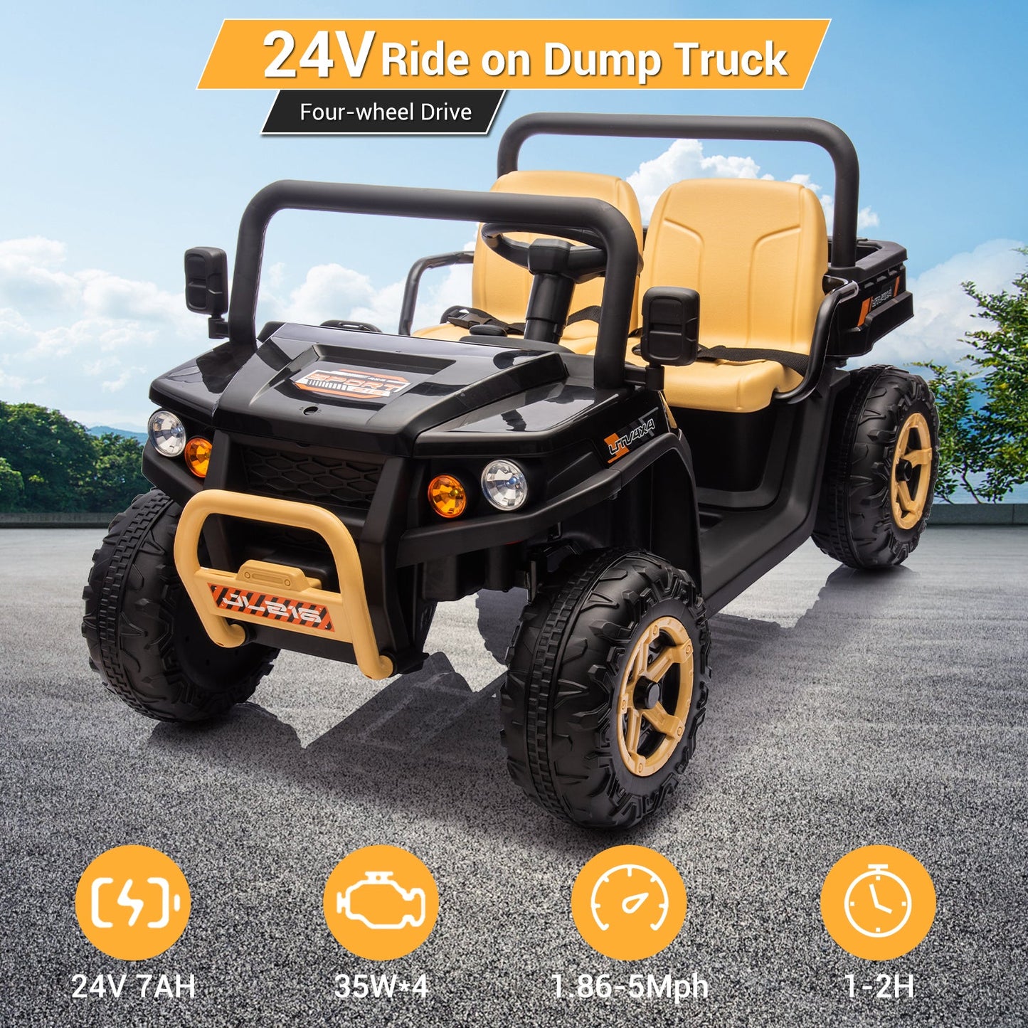 Garvee Ride - P Series: 24v Ride On Dump Truck, 2 Seater Electric Ride On Car Toy for Kids, Battery Powered UTV with 4x35W Motors, Shovel, Bluetooth, Remote Control, Music, LED Lights for Boys & Girls, Black
