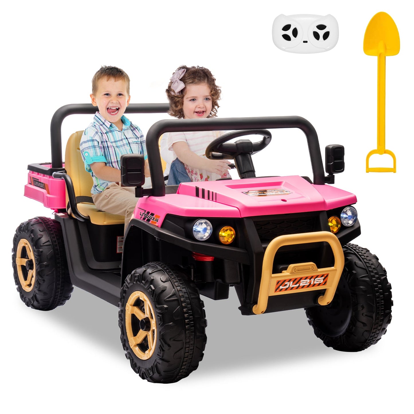 Garvee Ride - P Series: 24v Ride On Dump Truck, 2 Seater Electric Ride On Car Toy for Kids, Battery Powered UTV with 4x35W Motors, Shovel, Bluetooth, Remote Control, Music, LED Lights for Boys & Girls, Pink