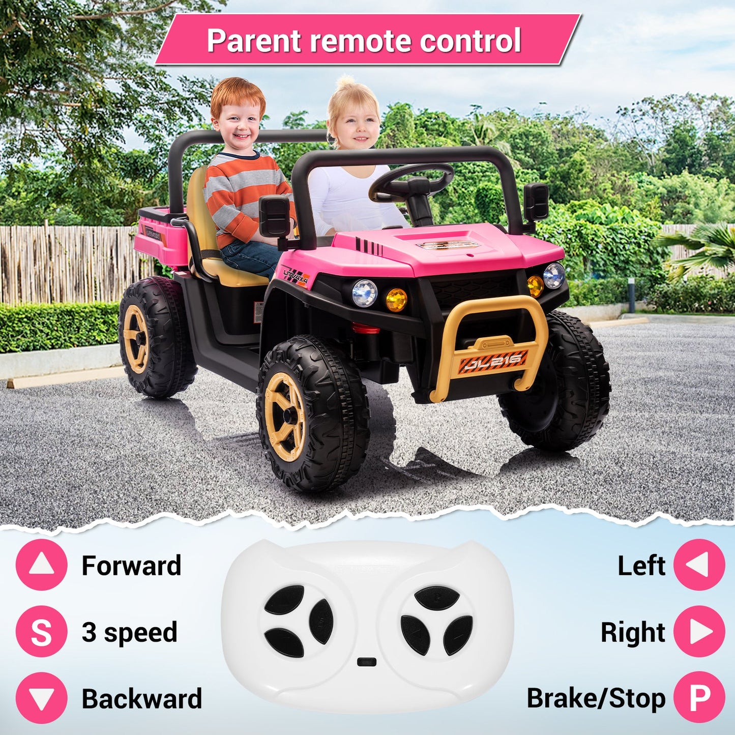Garvee Ride - P Series: 24v Ride On Dump Truck, 2 Seater Electric Ride On Car Toy for Kids, Battery Powered UTV with 4x35W Motors, Shovel, Bluetooth, Remote Control, Music, LED Lights for Boys & Girls, Pink