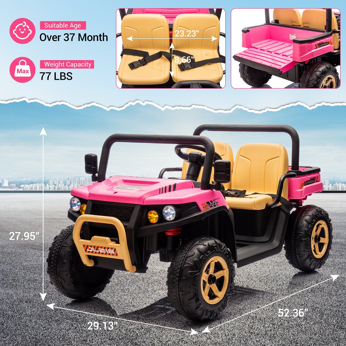 Garvee Ride - P Series: 24v Ride On Dump Truck, 2 Seater Electric Ride On Car Toy for Kids, Battery Powered UTV with 4x35W Motors, Shovel, Bluetooth, Remote Control, Music, LED Lights for Boys & Girls, Pink