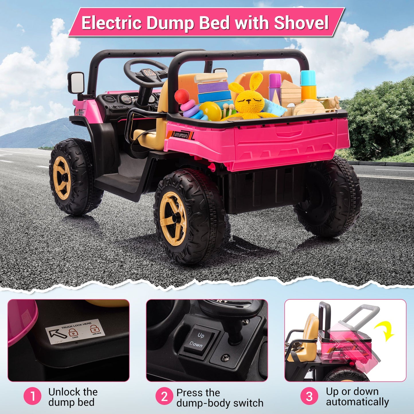 Garvee Ride - P Series: 24v Ride On Dump Truck, 2 Seater Electric Ride On Car Toy for Kids, Battery Powered UTV with 4x35W Motors, Shovel, Bluetooth, Remote Control, Music, LED Lights for Boys & Girls, Pink