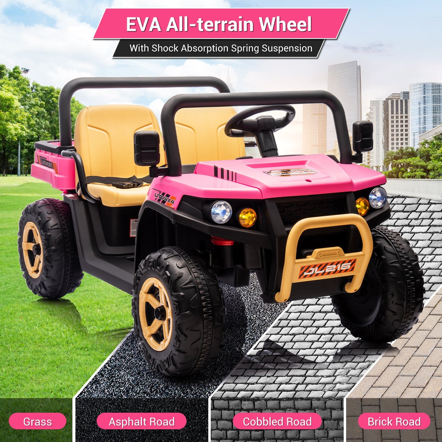 Garvee Ride - P Series: 24v Ride On Dump Truck, 2 Seater Electric Ride On Car Toy for Kids, Battery Powered UTV with 4x35W Motors, Shovel, Bluetooth, Remote Control, Music, LED Lights for Boys & Girls, Pink