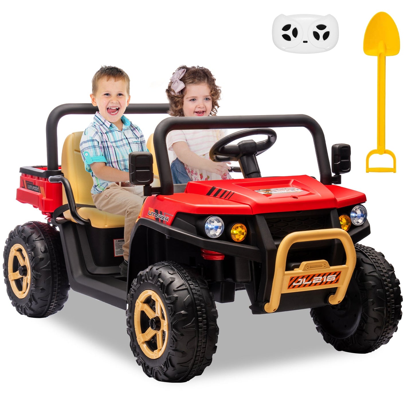 Garvee Ride - P Series: 24v Ride On Dump Truck, 2 Seater Electric Ride On Car Toy for Kids, Battery Powered UTV with 4x35W Motors, Shovel, Bluetooth, Remote Control, Music, LED Lights for Boys & Girls - Red