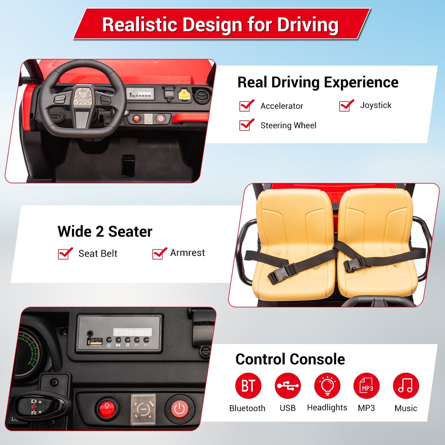 Garvee Ride - P Series: 24v Ride On Dump Truck, 2 Seater Electric Ride On Car Toy for Kids, Battery Powered UTV with 4x35W Motors, Shovel, Bluetooth, Remote Control, Music, LED Lights for Boys & Girls - Red