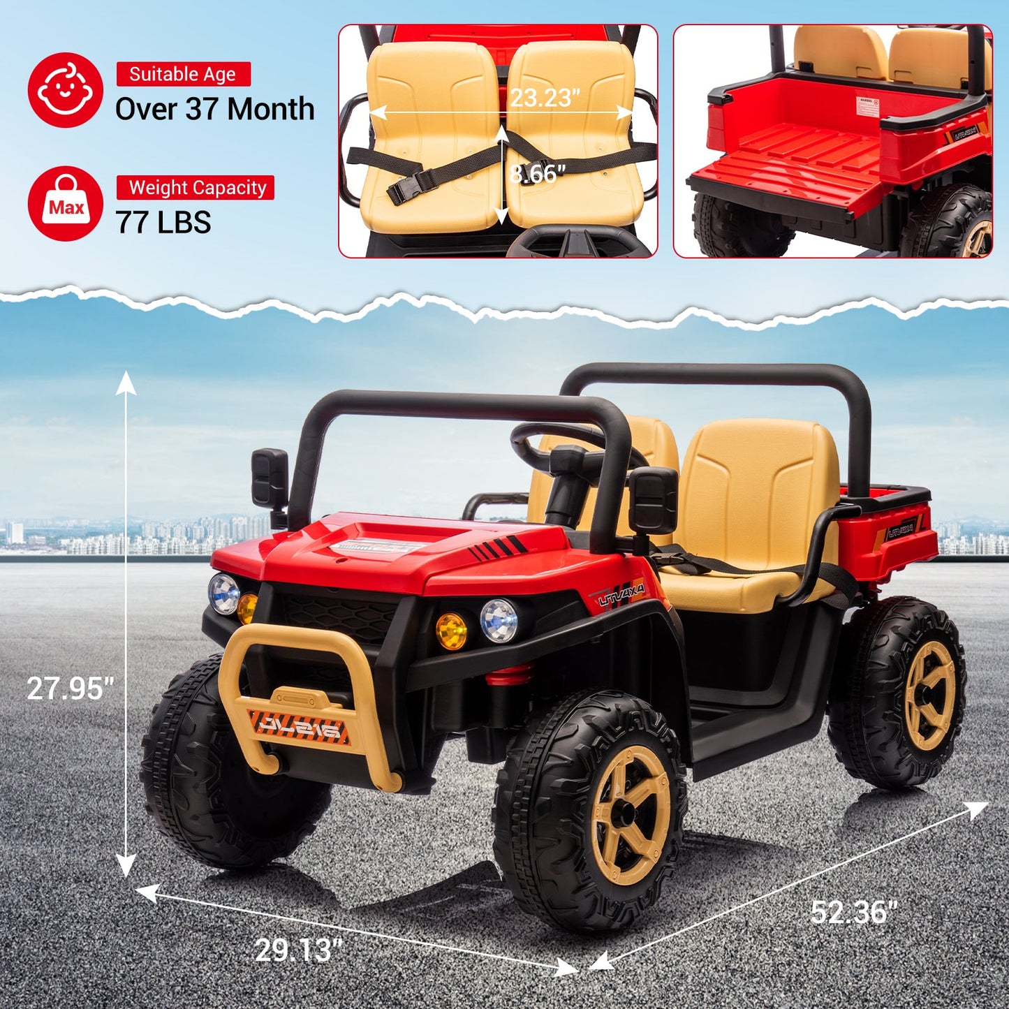 Garvee Ride - P Series: 24v Ride On Dump Truck, 2 Seater Electric Ride On Car Toy for Kids, Battery Powered UTV with 4x35W Motors, Shovel, Bluetooth, Remote Control, Music, LED Lights for Boys & Girls - Red