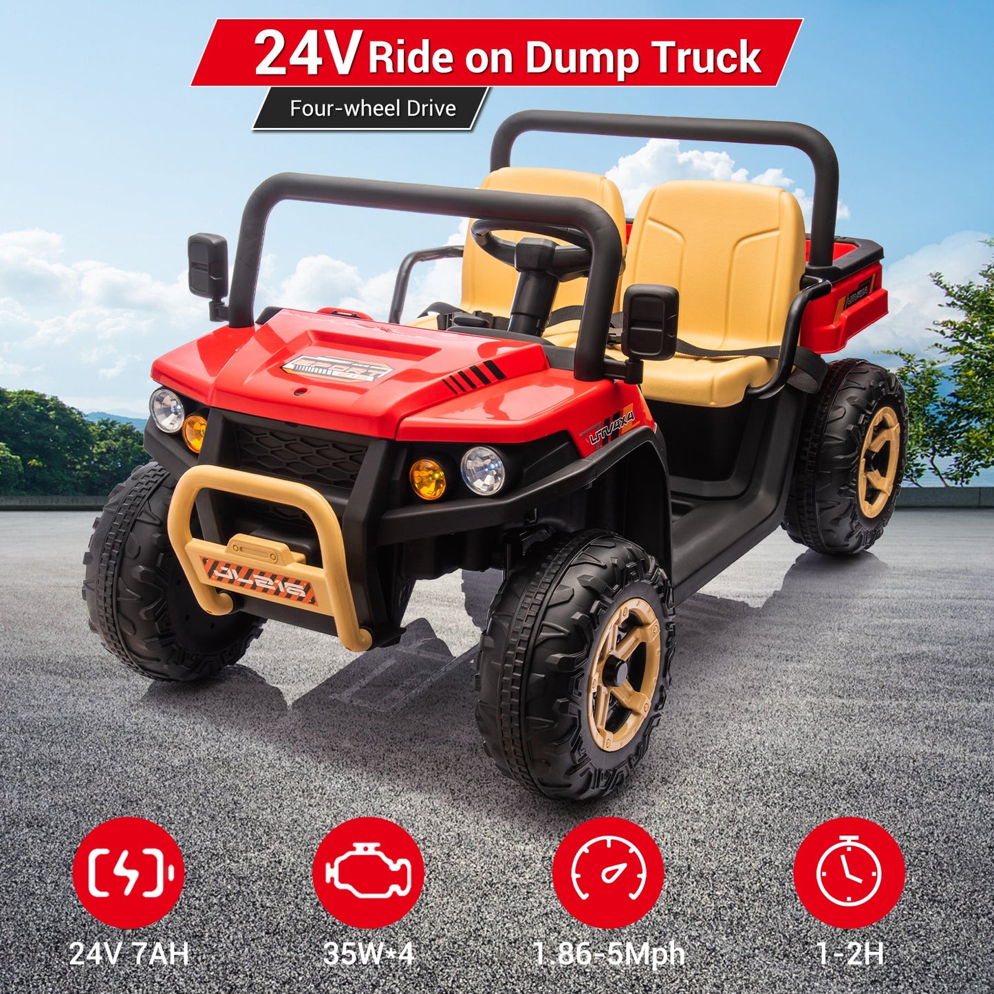 Garvee Ride - P Series: 24v Ride On Dump Truck, 2 Seater Electric Ride On Car Toy for Kids, Battery Powered UTV with 4x35W Motors, Shovel, Bluetooth, Remote Control, Music, LED Lights for Boys & Girls - Red