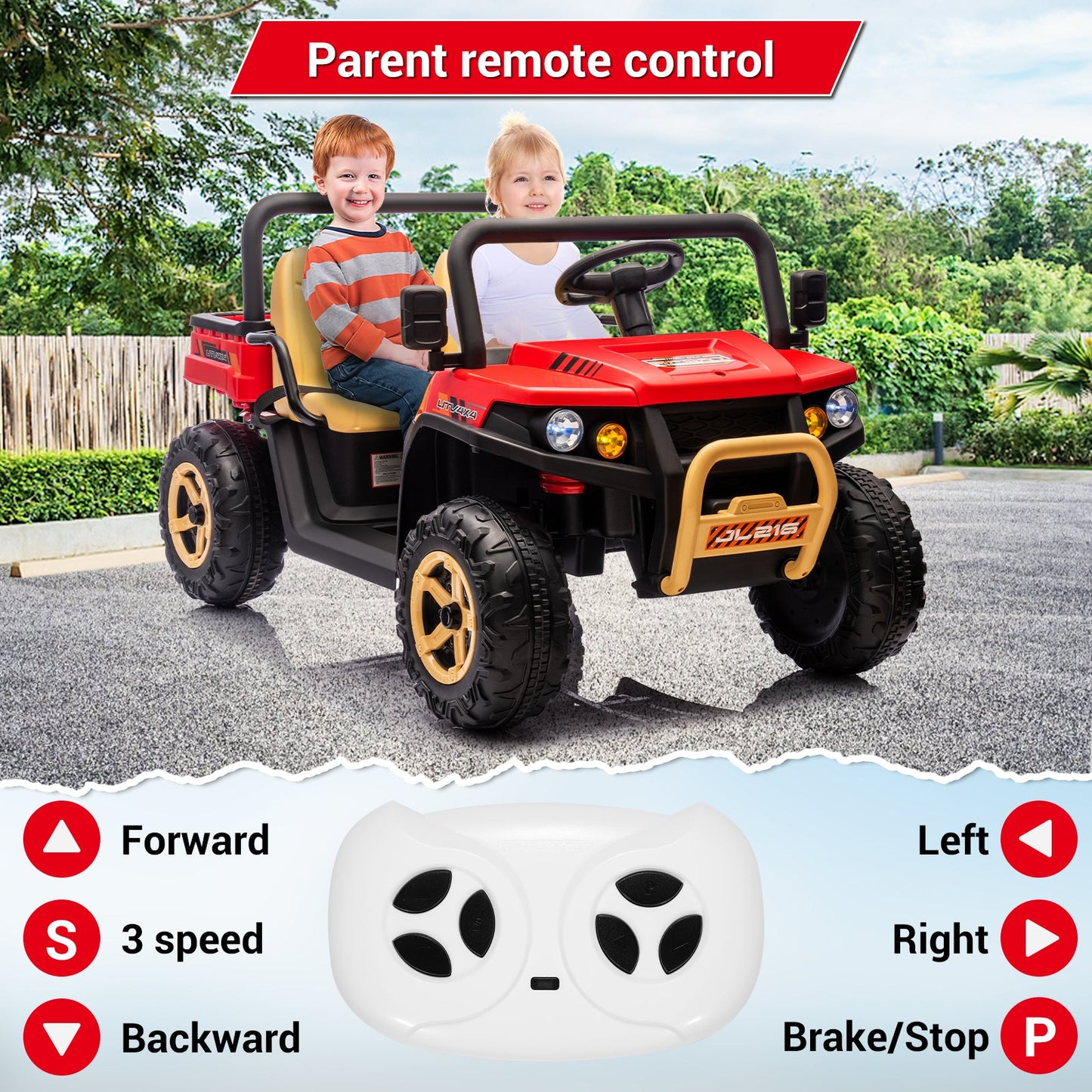 Garvee Ride - P Series: 24v Ride On Dump Truck, 2 Seater Electric Ride On Car Toy for Kids, Battery Powered UTV with 4x35W Motors, Shovel, Bluetooth, Remote Control, Music, LED Lights for Boys & Girls - Red