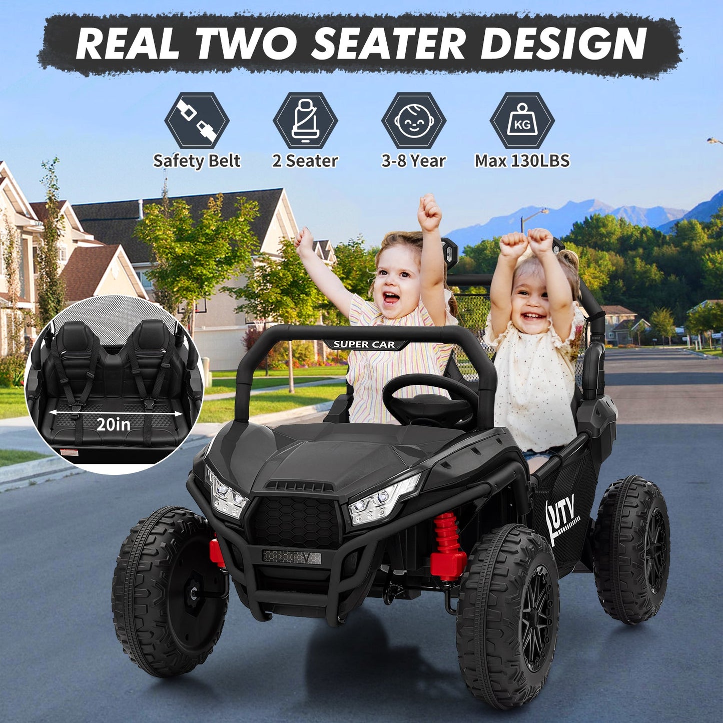 Garvee Ride - P Series: 2 Seater 24V Ride On Car,Electric Vehicle Utv Car for Kids,400W Motors Electric Truck With Remote,4.5MPH Max Speed,Four-Wheel Suspension，Music，Best Gift for Kids,Black