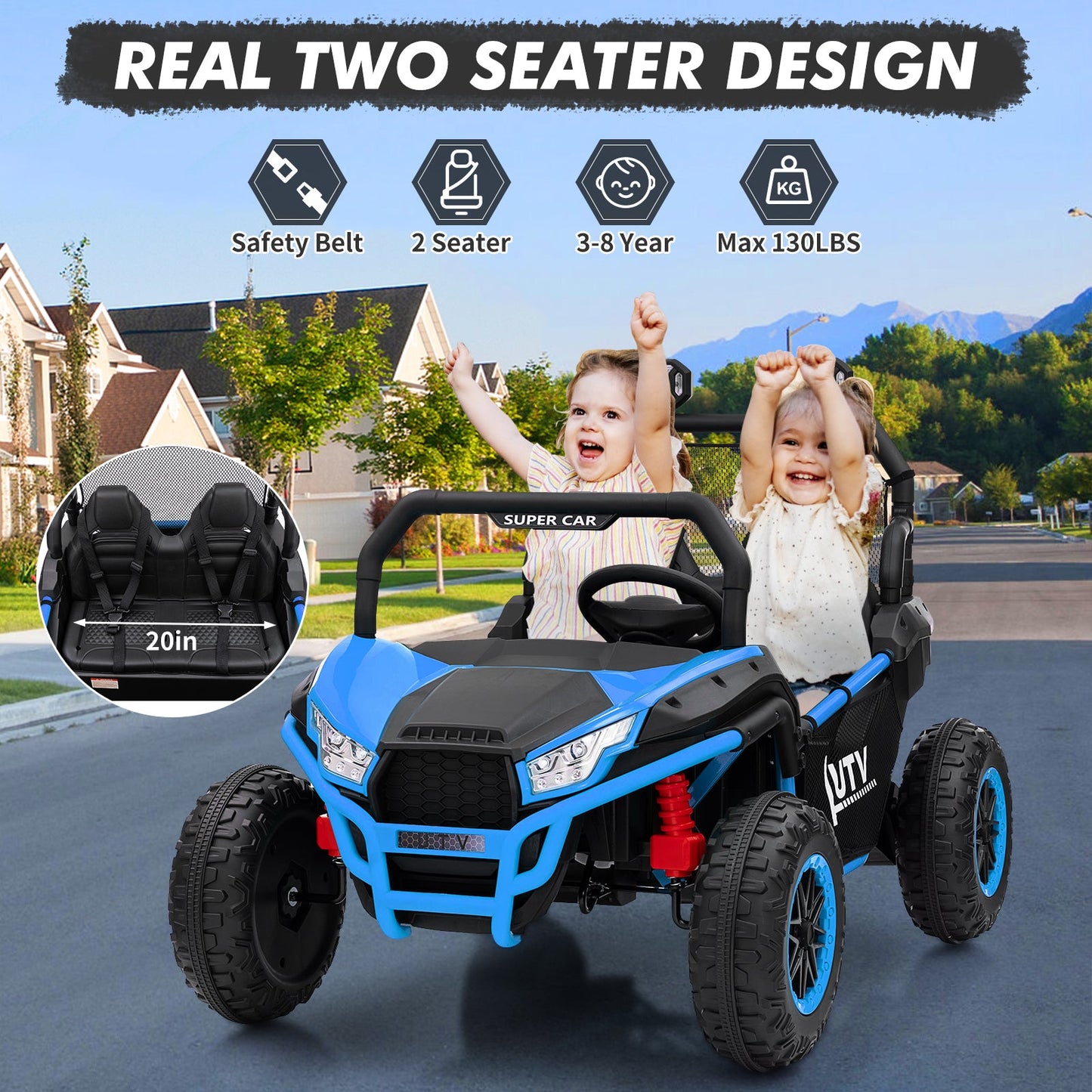 Garvee Ride - P Series: 2 Seater 24V Ride On Car,Electric Vehicle Utv Car for Kids,400W Motors Electric Truck With Remote,4.5MPH Max Speed,Four-Wheel Suspension，Music，Best Gift for Kids,Blue