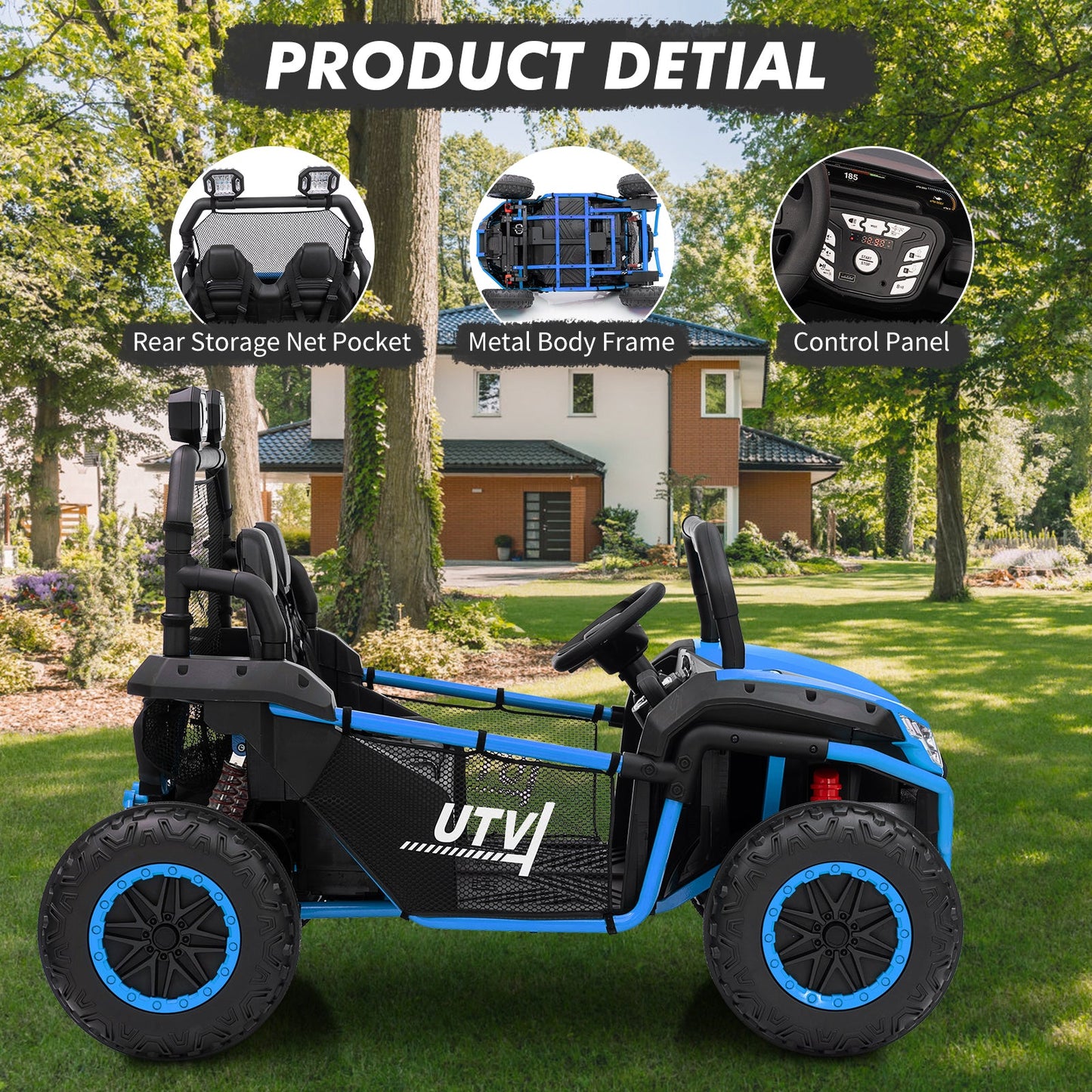 Garvee Ride - P Series: 2 Seater 24V Ride On Car,Electric Vehicle Utv Car for Kids,400W Motors Electric Truck With Remote,4.5MPH Max Speed,Four-Wheel Suspension，Music，Best Gift for Kids,Blue