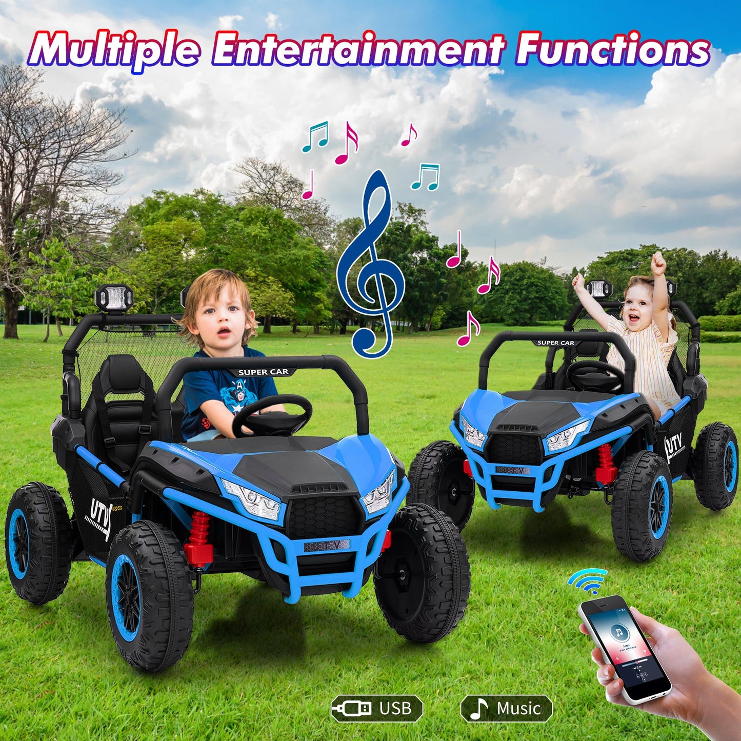 Garvee Ride - P Series: 2 Seater 24V Ride On Car,Electric Vehicle Utv Car for Kids,400W Motors Electric Truck With Remote,4.5MPH Max Speed,Four-Wheel Suspension，Music，Best Gift for Kids,Blue