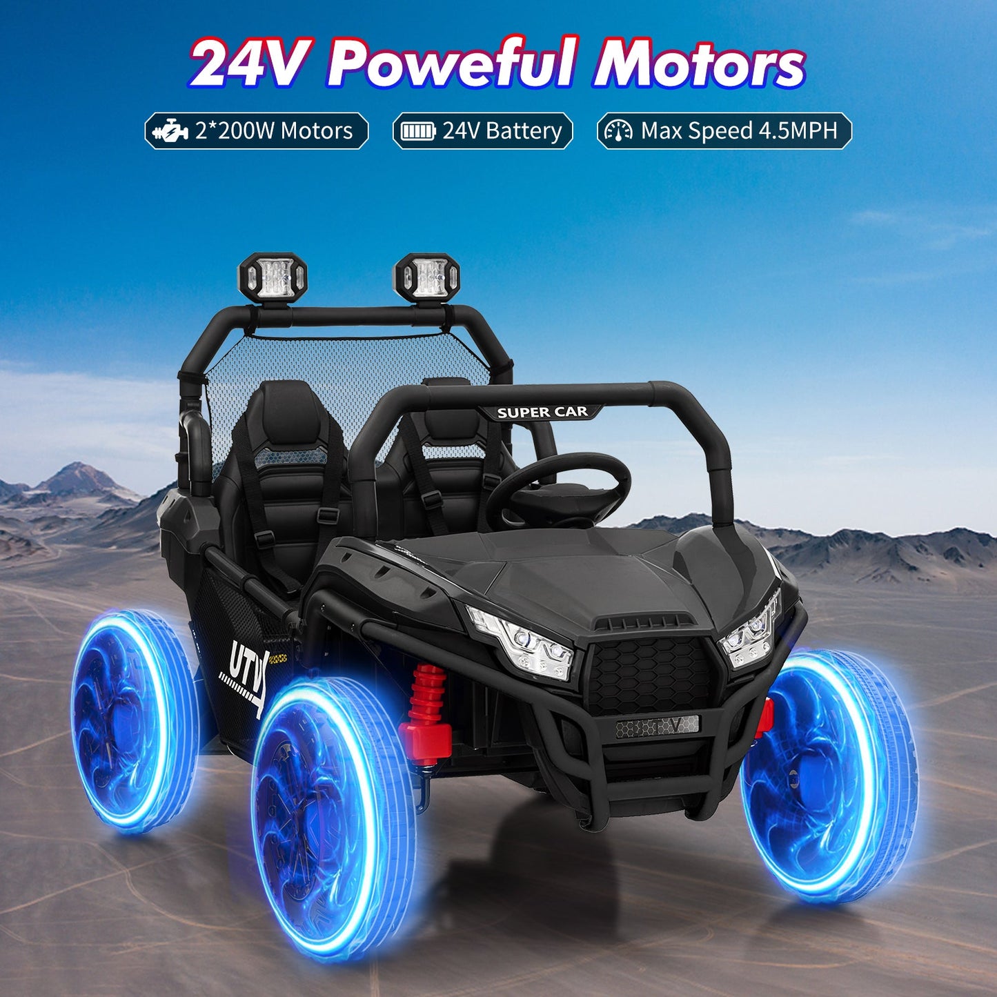 Garvee Ride - P Series: 2 Seater 24V Ride On Car,Electric Vehicle Utv Car for Kids,400W Motors Electric Truck With Remote,4.5MPH Max Speed,Four-Wheel Suspension，Music，Best Gift for Kids,Black