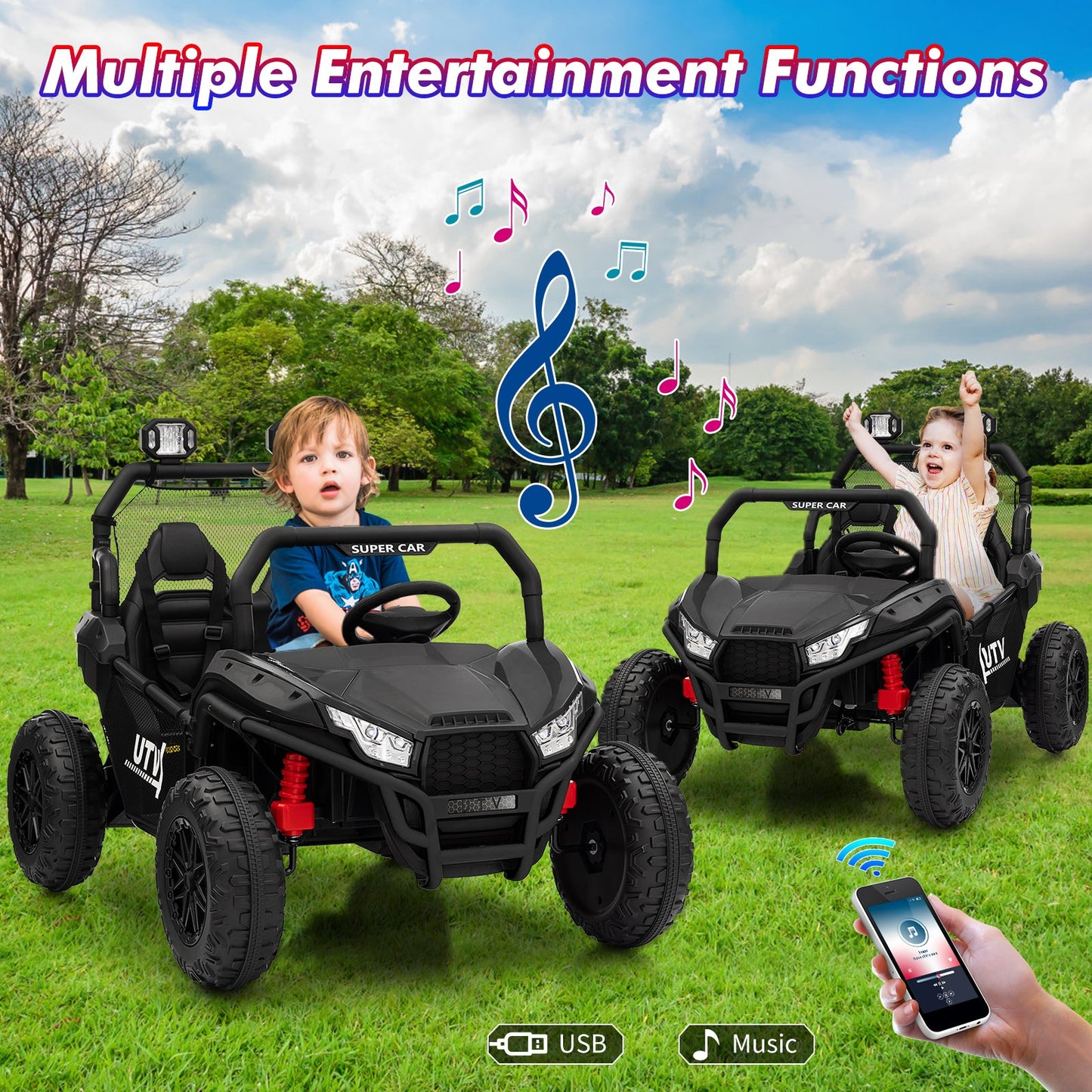 Garvee Ride - P Series: 2 Seater 24V Ride On Car,Electric Vehicle Utv Car for Kids,400W Motors Electric Truck With Remote,4.5MPH Max Speed,Four-Wheel Suspension，Music，Best Gift for Kids,Black
