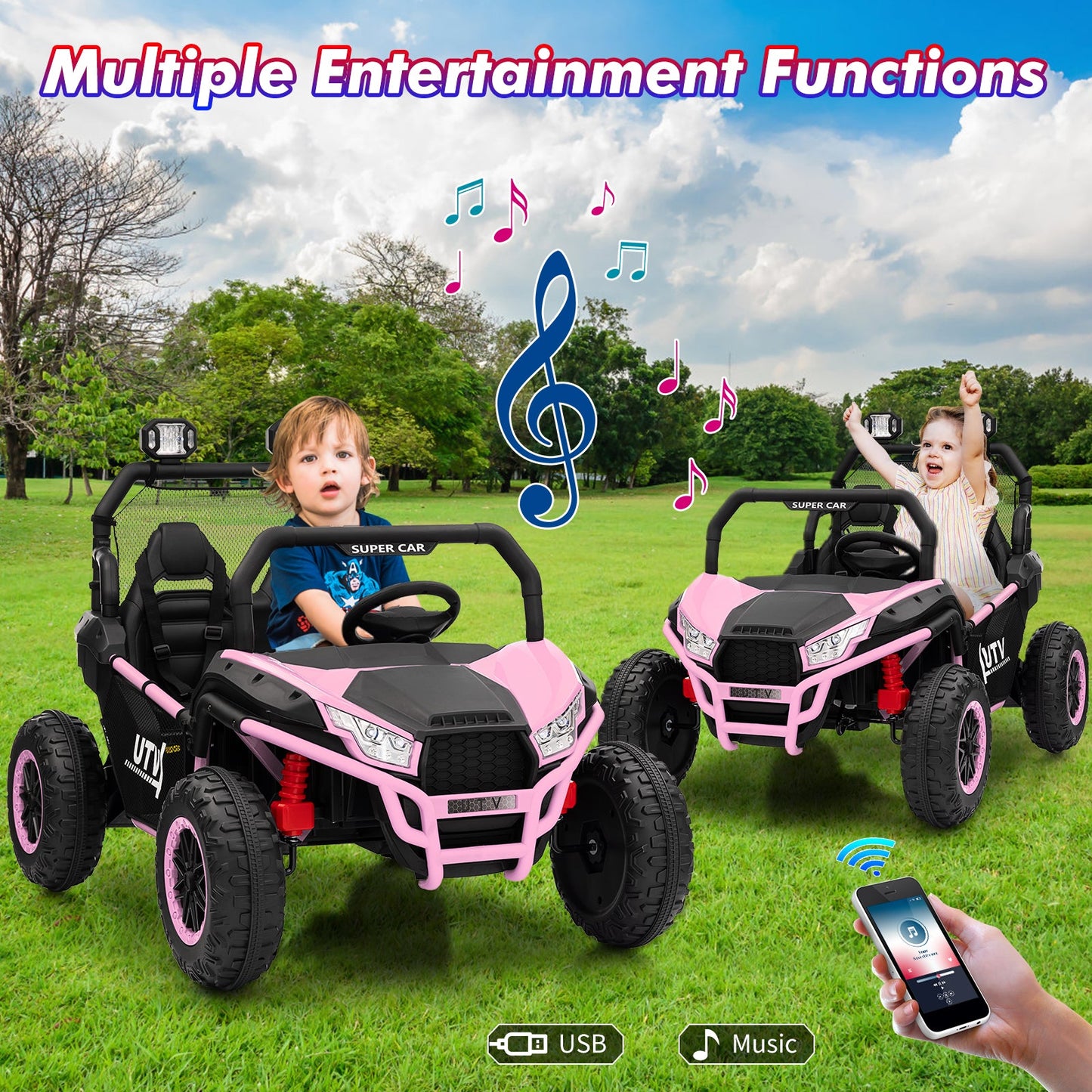 Garvee Ride - P Series: 2 Seater 24V Ride On Car,Electric Vehicle Utv Car for Kids,400W Motors Electric Truck With Remote,4.5MPH Max Speed,Four-Wheel Suspension，Music，Best Gift for Kids,Pink