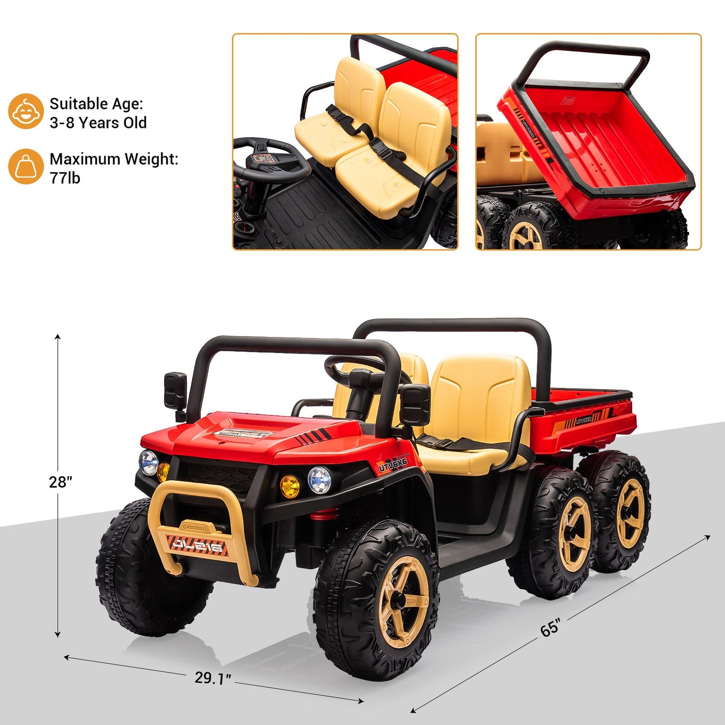 Garvee Ride - P Series: 2-Seater Ride on Car,6X6 24V Kids Ride On Dump Truck with Remote Control Electric Utility Vehicles UTV Battery Powered 6 Wheeler, for 3 years and up - Black & Red