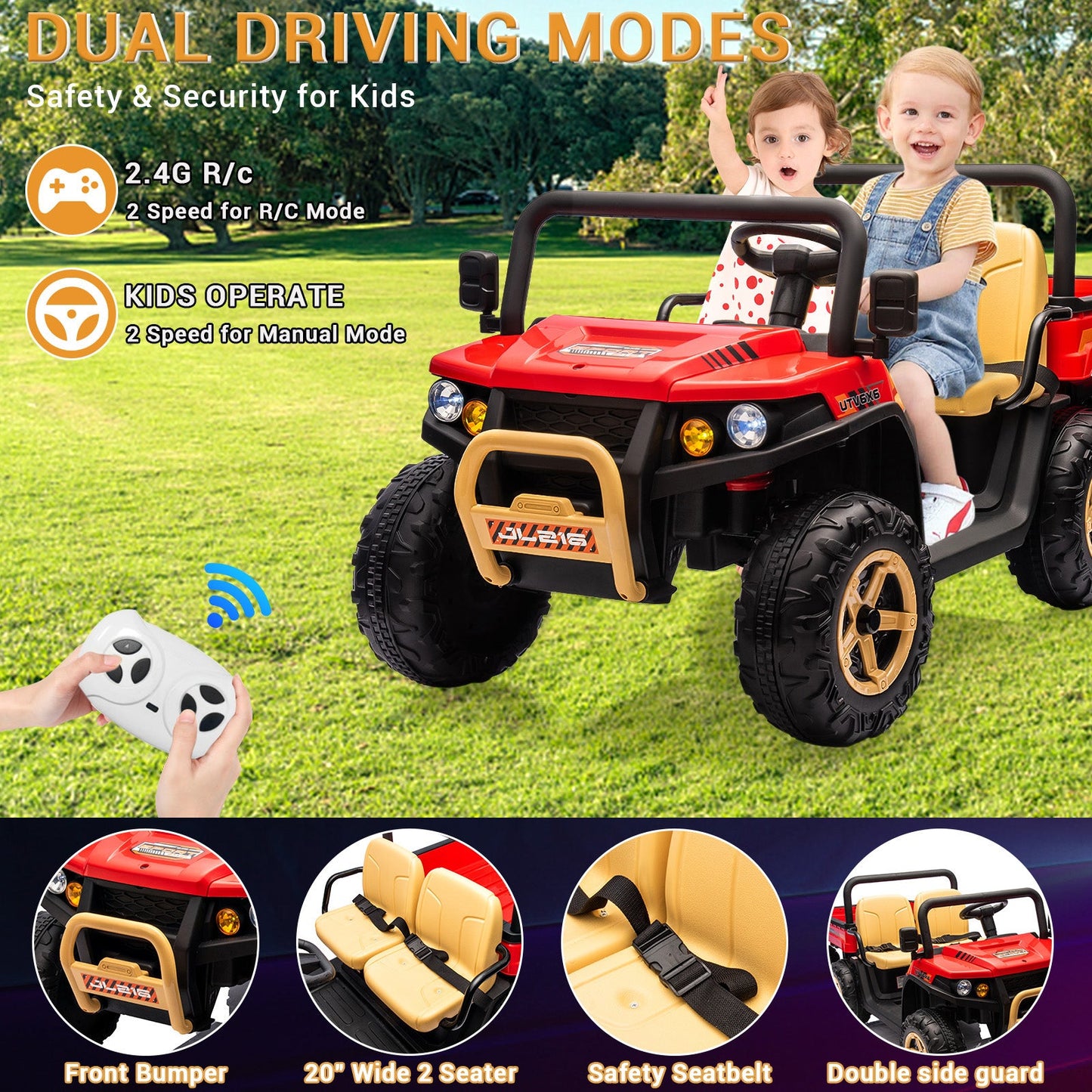 Garvee Ride - P Series: 2-Seater Ride on Car,6X6 24V Kids Ride On Dump Truck with Remote Control Electric Utility Vehicles UTV Battery Powered 6 Wheeler, for 3 years and up - Black & Red