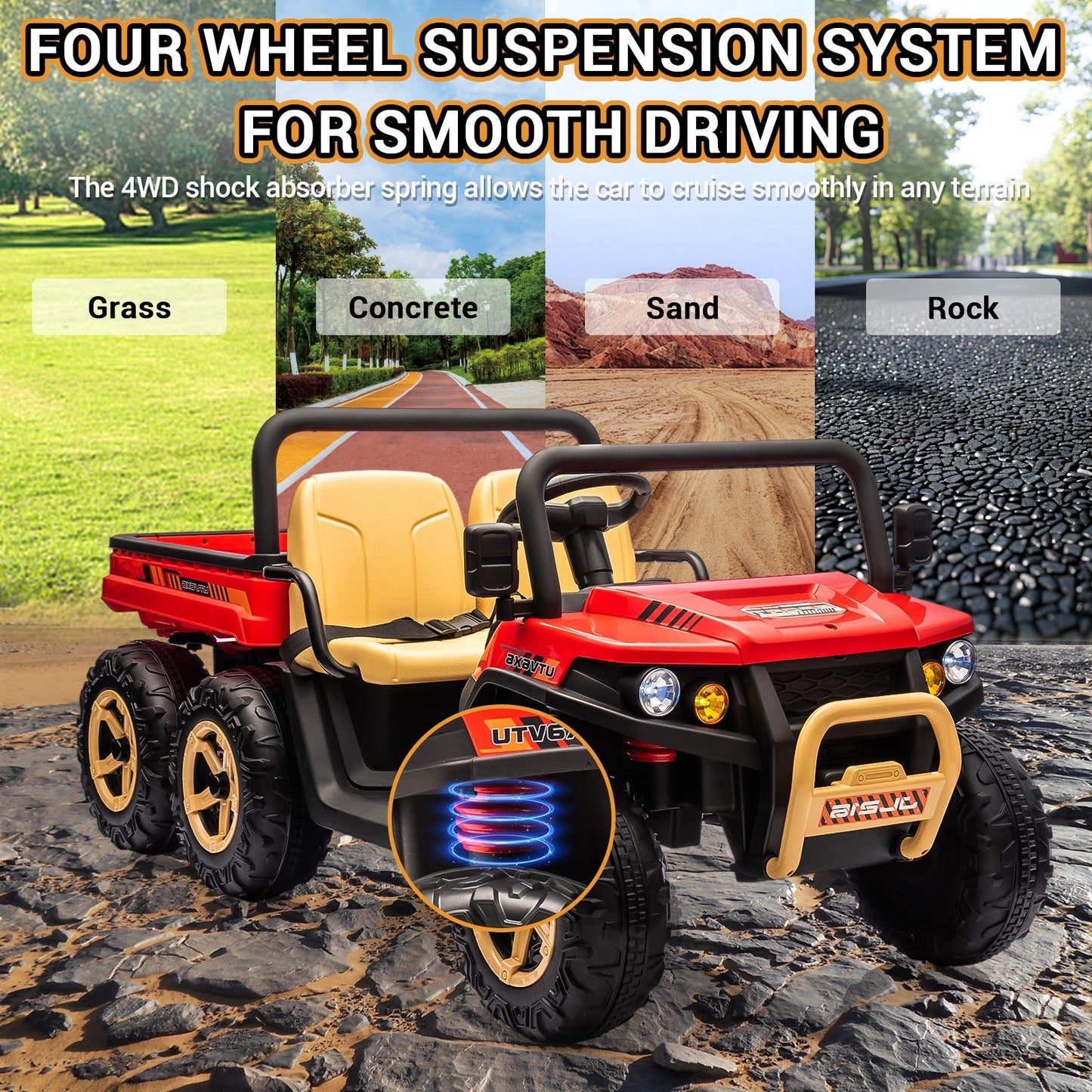 Garvee Ride - P Series: 2-Seater Ride on Car,6X6 24V Kids Ride On Dump Truck with Remote Control Electric Utility Vehicles UTV Battery Powered 6 Wheeler, for 3 years and up - Black & Red