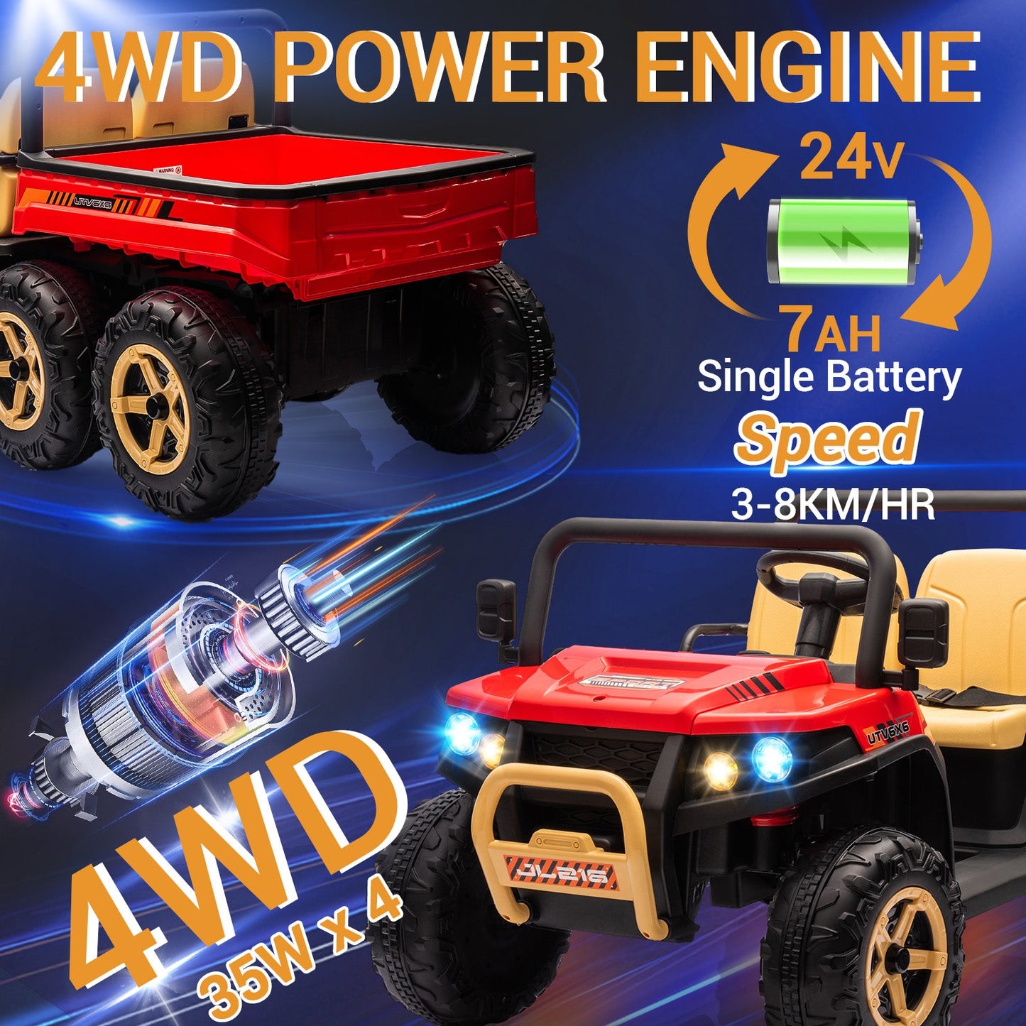 Garvee Ride - P Series: 2-Seater Ride on Car,6X6 24V Kids Ride On Dump Truck with Remote Control Electric Utility Vehicles UTV Battery Powered 6 Wheeler, for 3 years and up - Black & Red