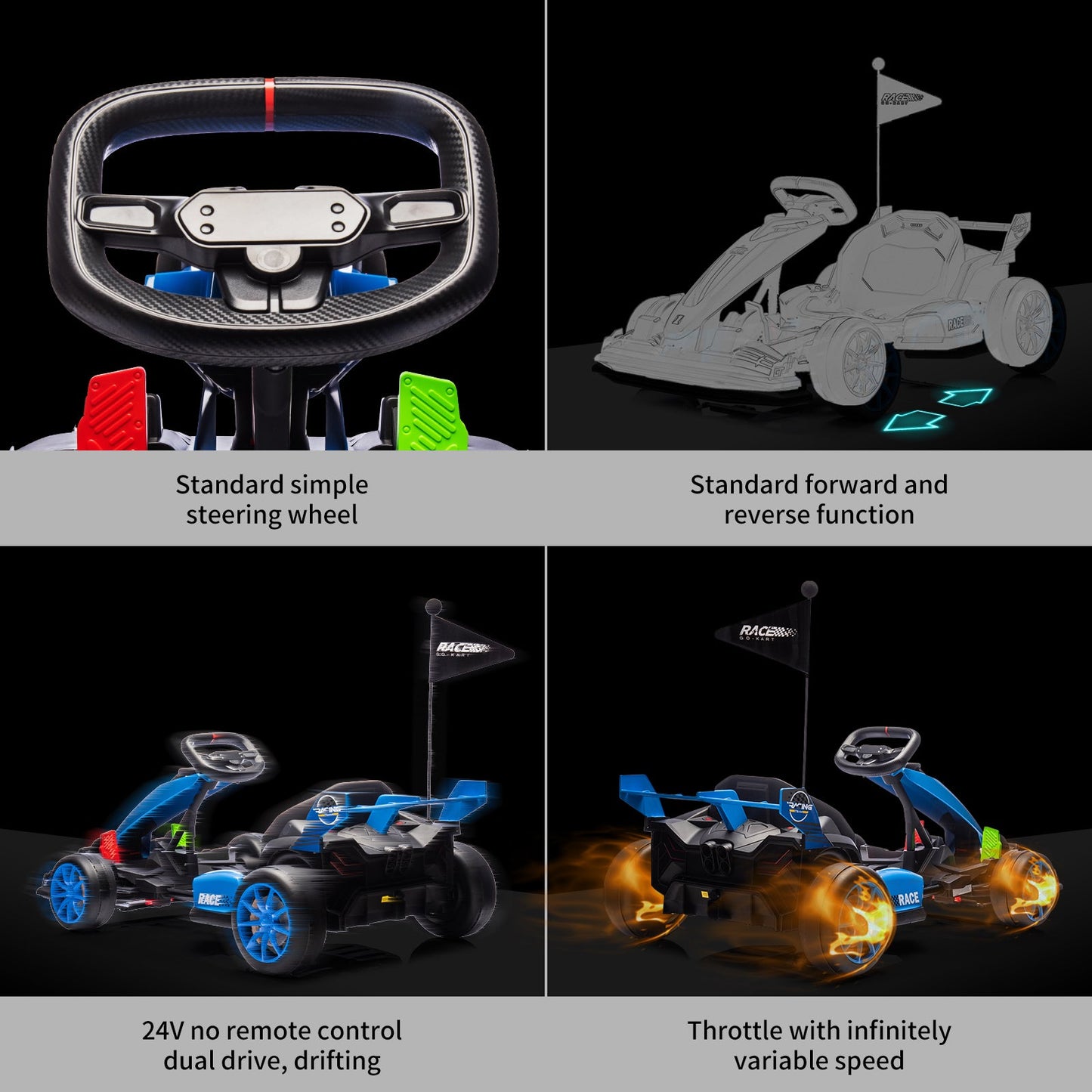 Garvee Ride - G Series: 24V Electric Drift Kart for Kids, Ride Car with Adjustable Seat & 7.5MPH Speed, EVA Silent Wheels, Parent-Safety Certified Ride-On Toy - Blue