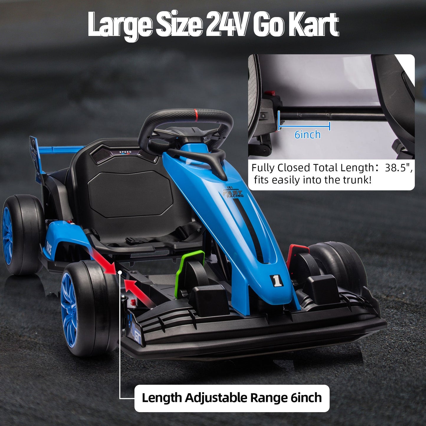 Garvee Ride - G Series: 24V Kids Ride on Go Kart, 7.5mph Variable High Speed Drifting Car, 7ah Battery 200W*2 Motors ,Length Ajustable Max Load 135lbs, Power Display Racing Toy for for Kids Child 6+ ,Blue