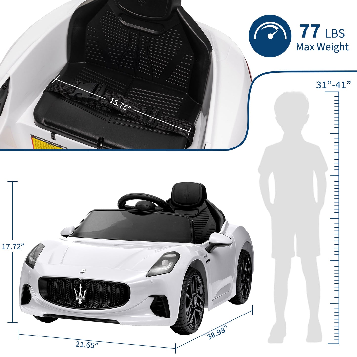 Garvee Ride - P Series: 12V Battery Powered Motorized Car for Kids with Remote Control, Spring Suspension, Double Doors, Bright Lights, 4 Wheel Electric Vehicle, White