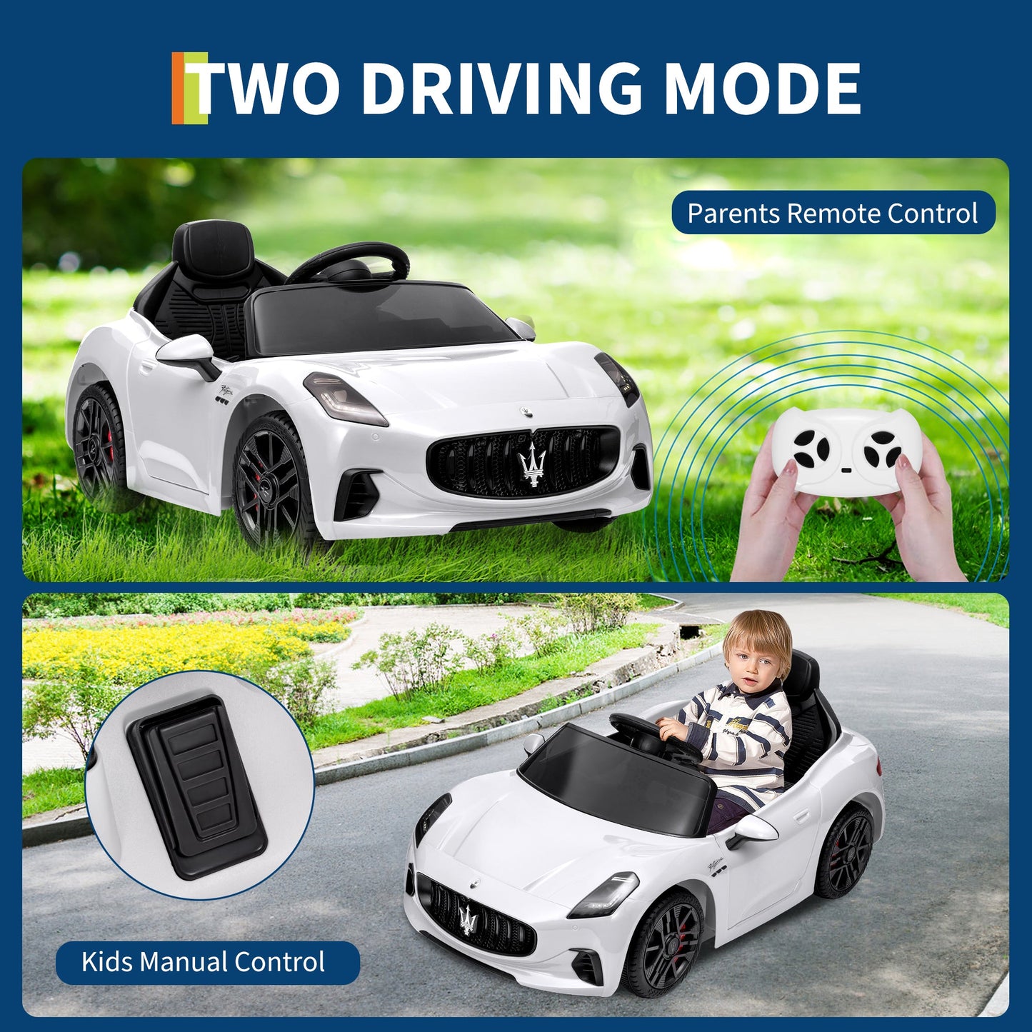Garvee Ride - P Series: 12V Battery Powered Motorized Car for Kids with Remote Control, Spring Suspension, Double Doors, Bright Lights, 4 Wheel Electric Vehicle, White