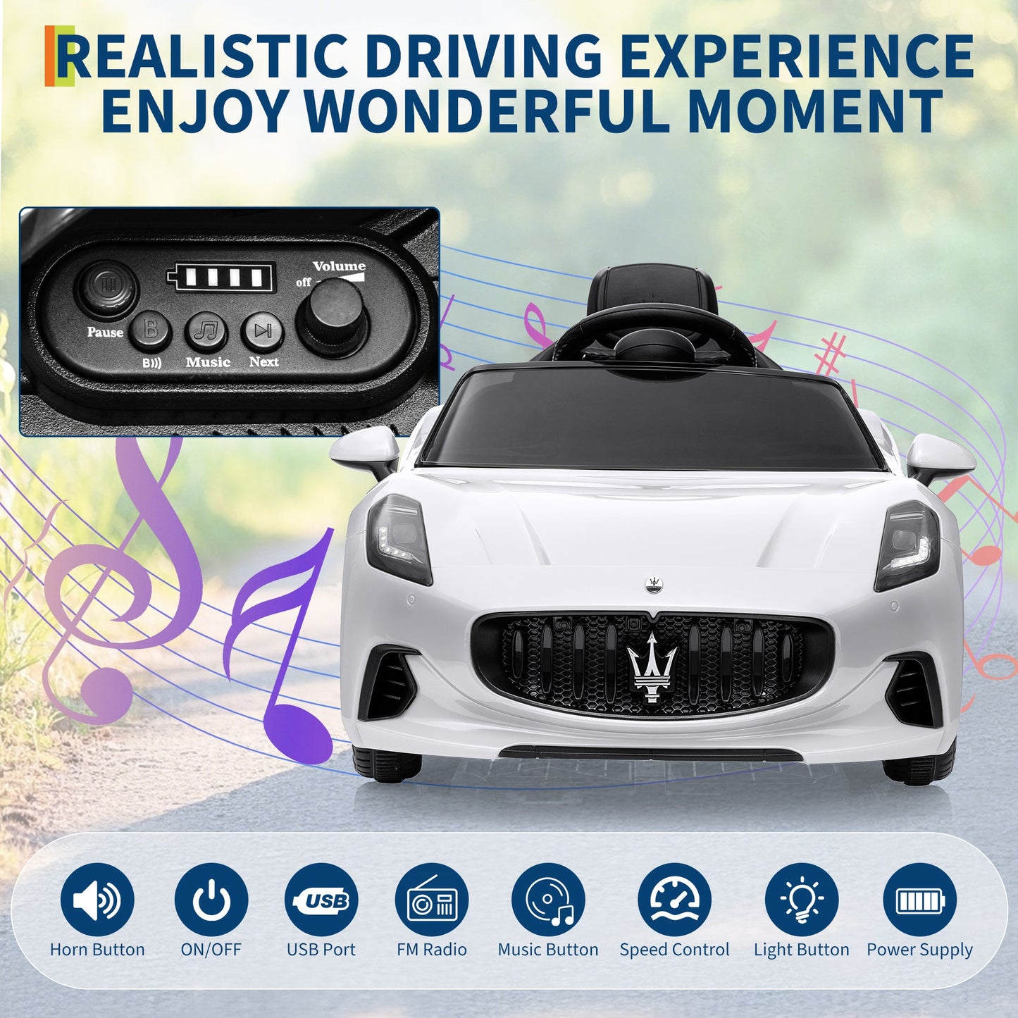 Garvee Ride - P Series: 12V Battery Powered Motorized Car for Kids with Remote Control, Spring Suspension, Double Doors, Bright Lights, 4 Wheel Electric Vehicle, White