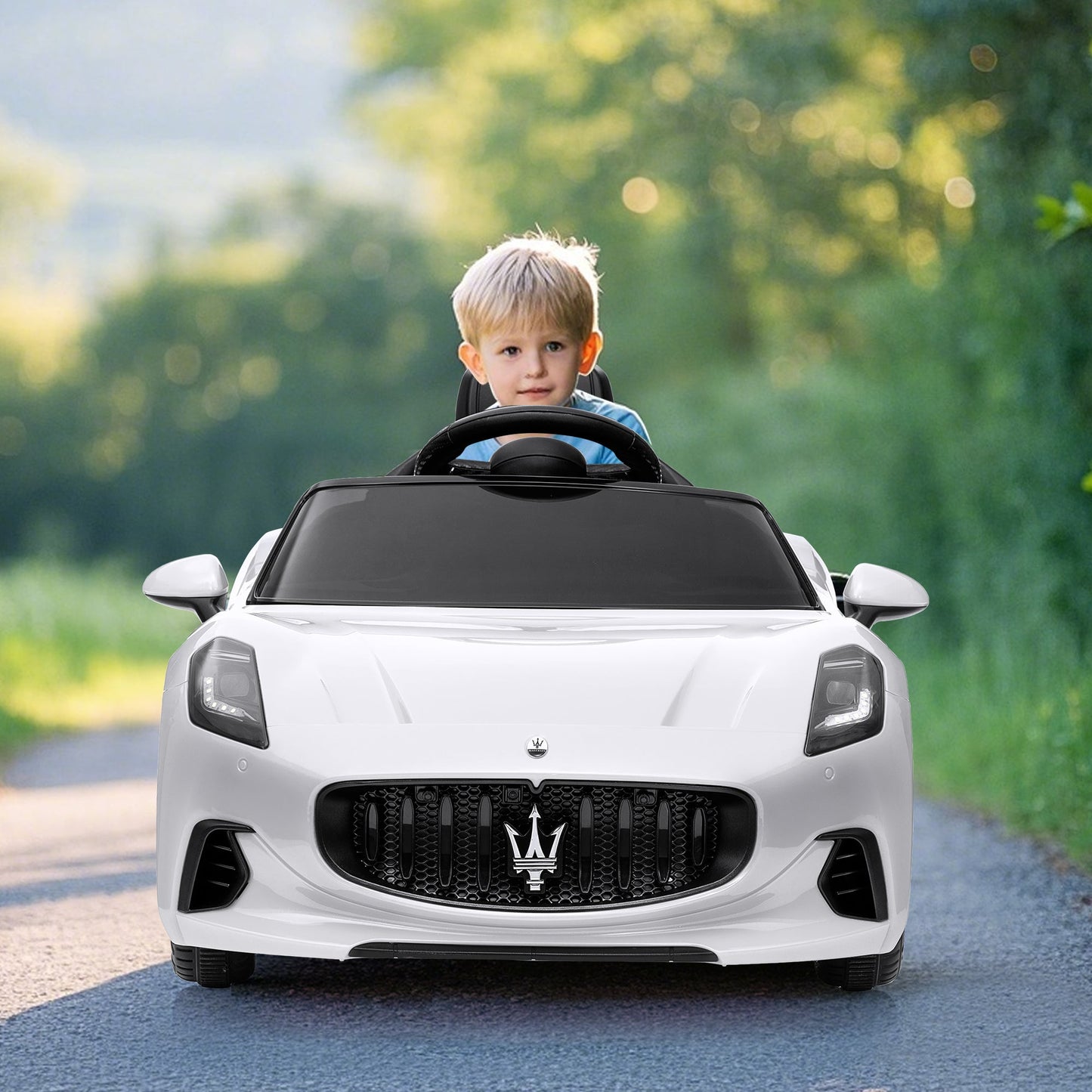 Garvee Ride - P Series: 12V Battery Powered Motorized Car for Kids with Remote Control, Spring Suspension, Double Doors, Bright Lights, 4 Wheel Electric Vehicle, White