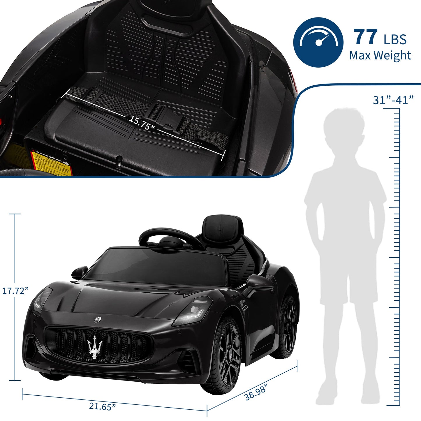 Garvee Ride - P Series: 12V Battery Powered Motorized Car for Kids with Remote Control, Spring Suspension, Double Doors, Bright Lights, 4 Wheel Electric Vehicle, Black