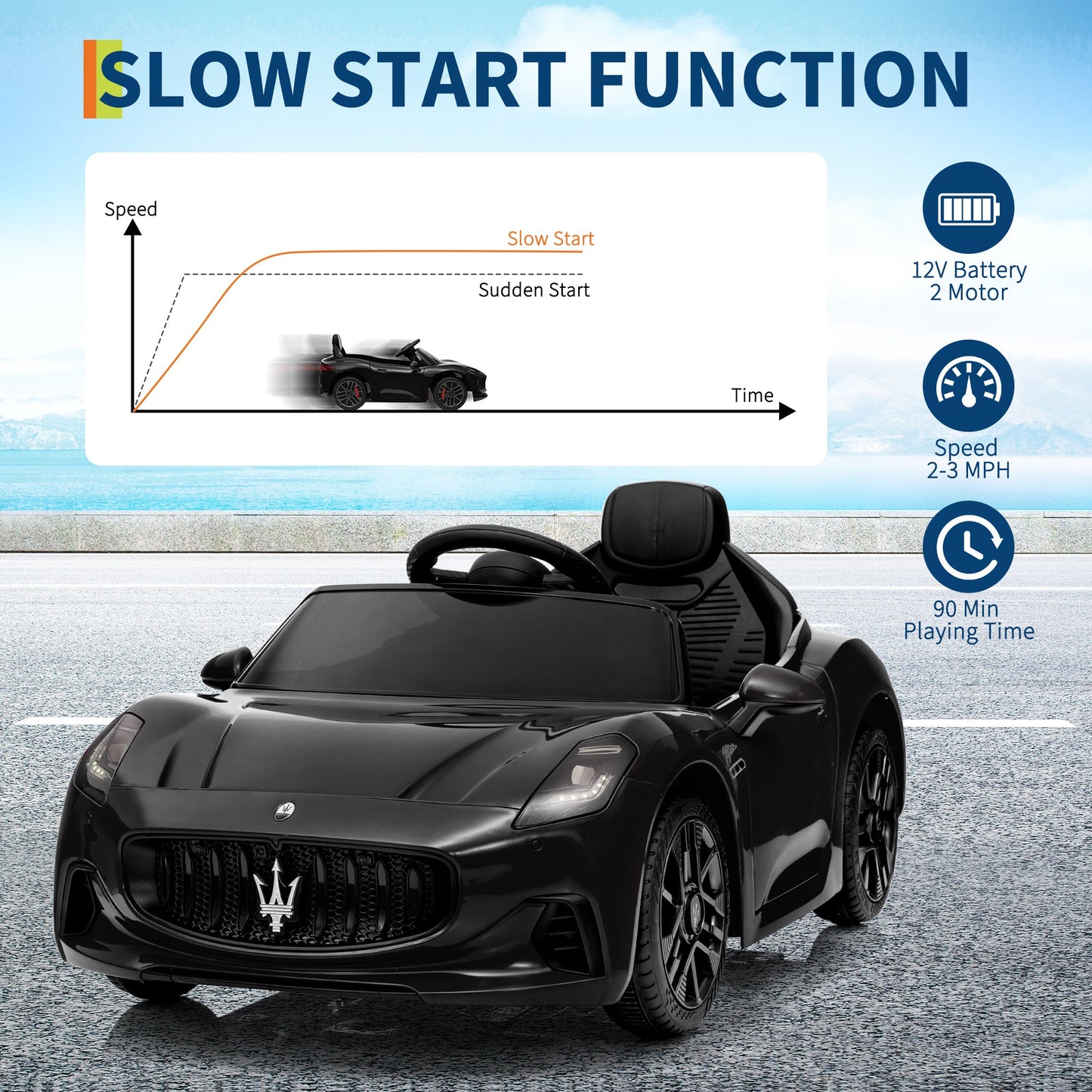 Garvee Ride - P Series: 12V Battery Powered Motorized Car for Kids with Remote Control, Spring Suspension, Double Doors, Bright Lights, 4 Wheel Electric Vehicle, Black