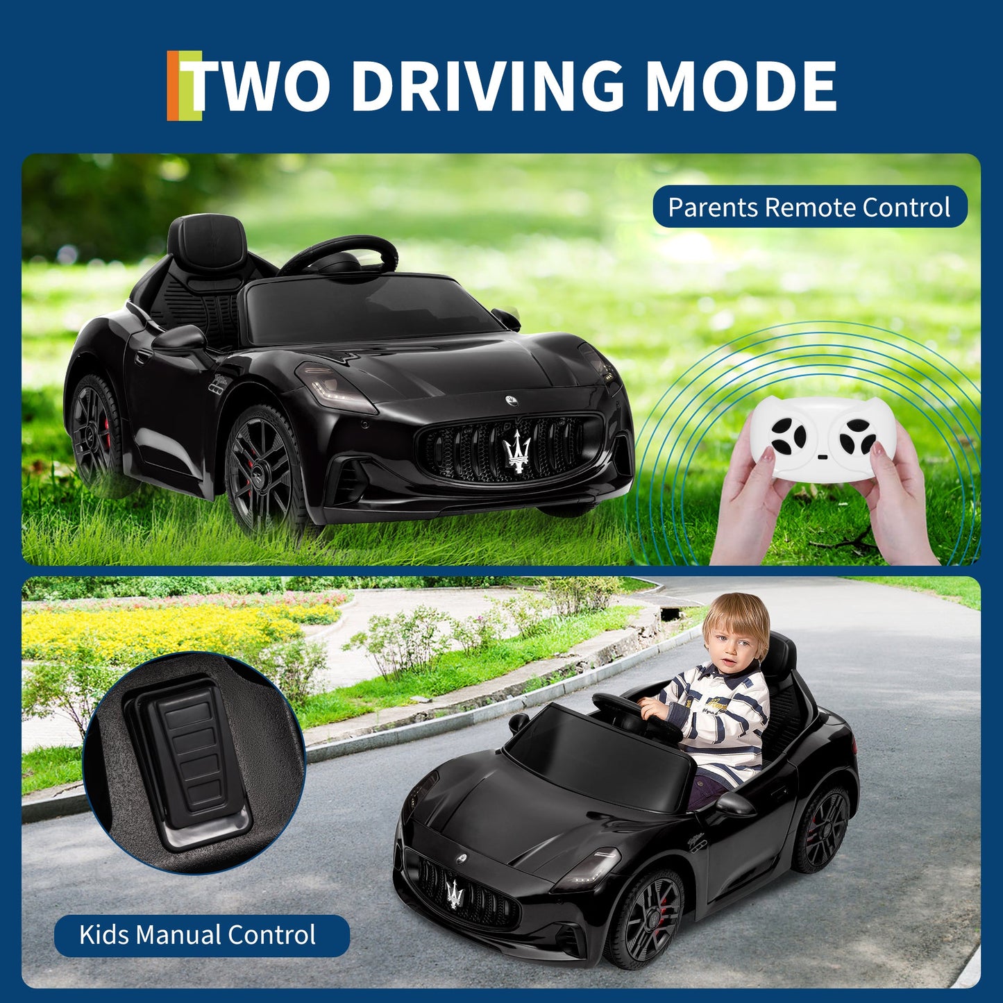 Garvee Ride - P Series: 12V Battery Powered Motorized Car for Kids with Remote Control, Spring Suspension, Double Doors, Bright Lights, 4 Wheel Electric Vehicle, Black