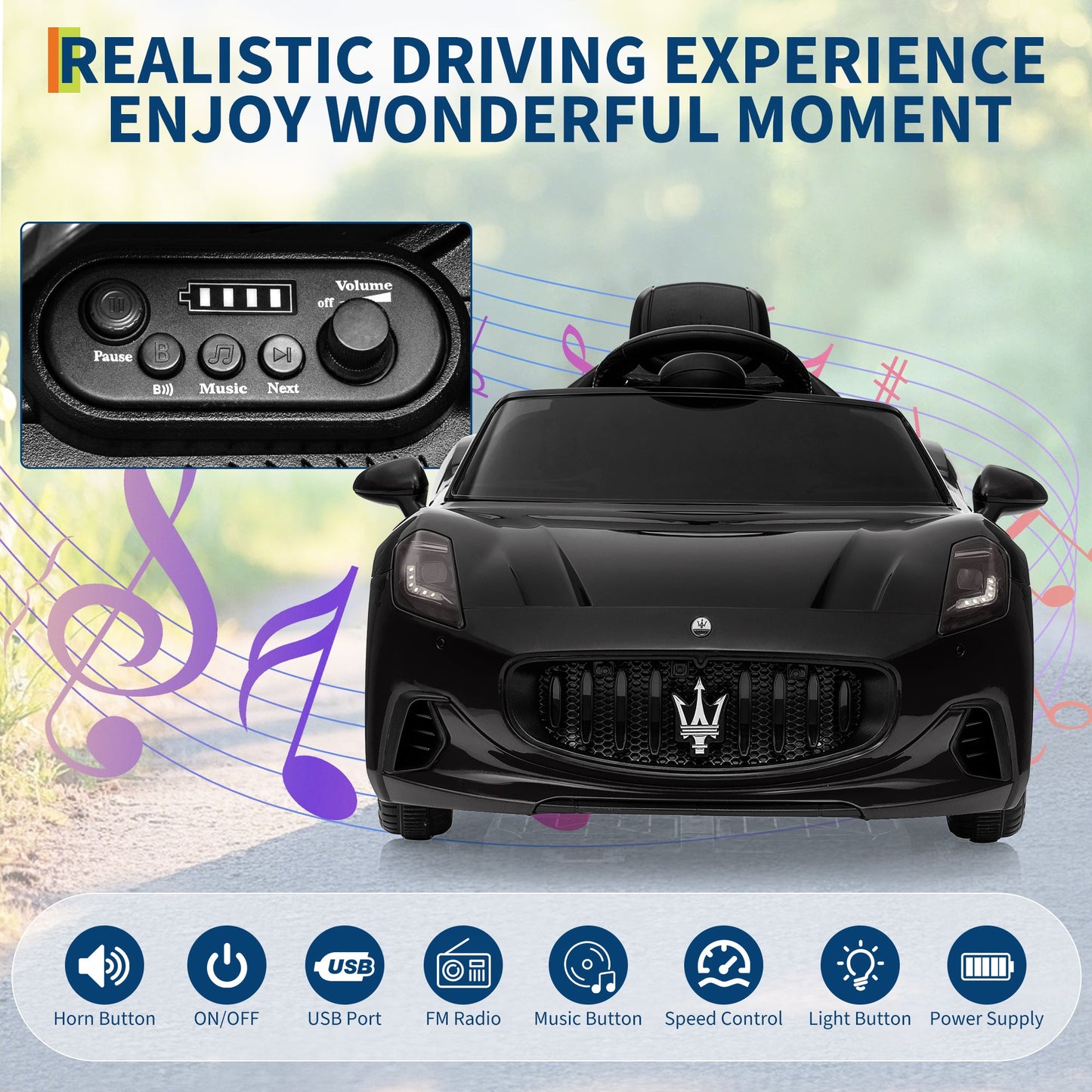 Garvee Ride - P Series: 12V Battery Powered Motorized Car for Kids with Remote Control, Spring Suspension, Double Doors, Bright Lights, 4 Wheel Electric Vehicle, Black